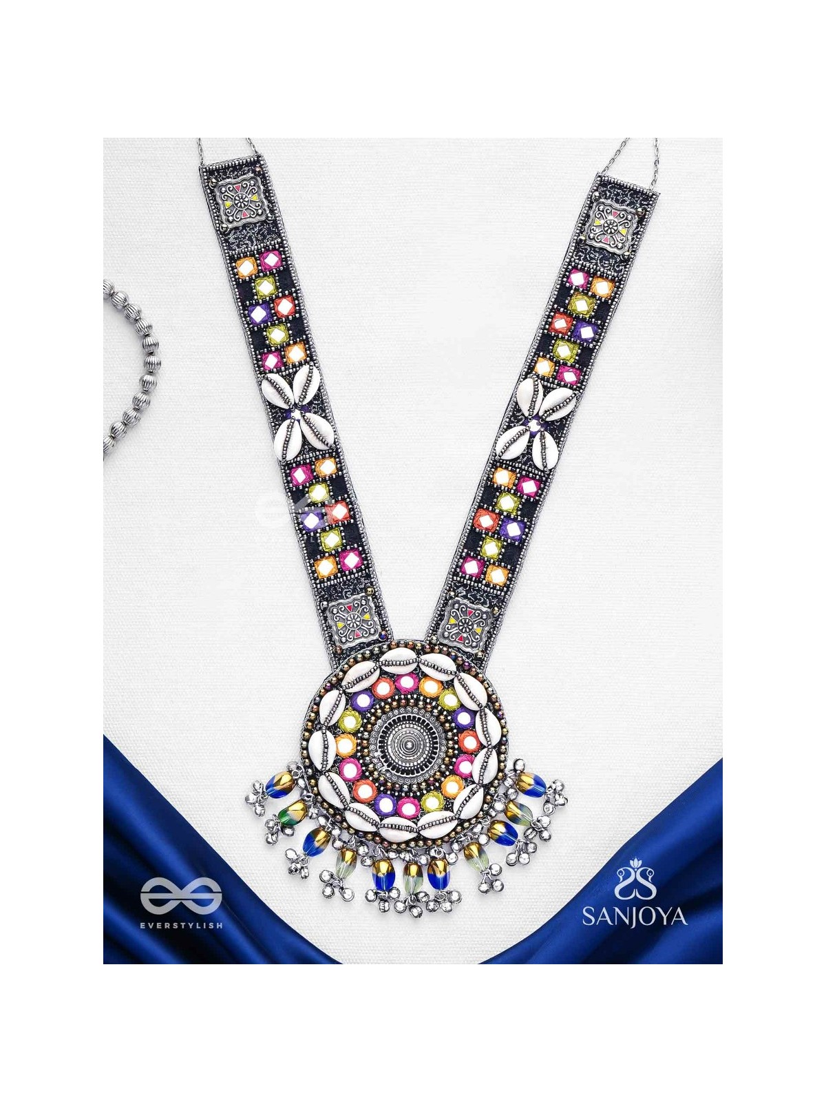 Sheetbhanviye - The Lunar Celebrations - Shells, Mirrors, Resham And Glass Drops Hand Embroidered Oxidised Neckpiece