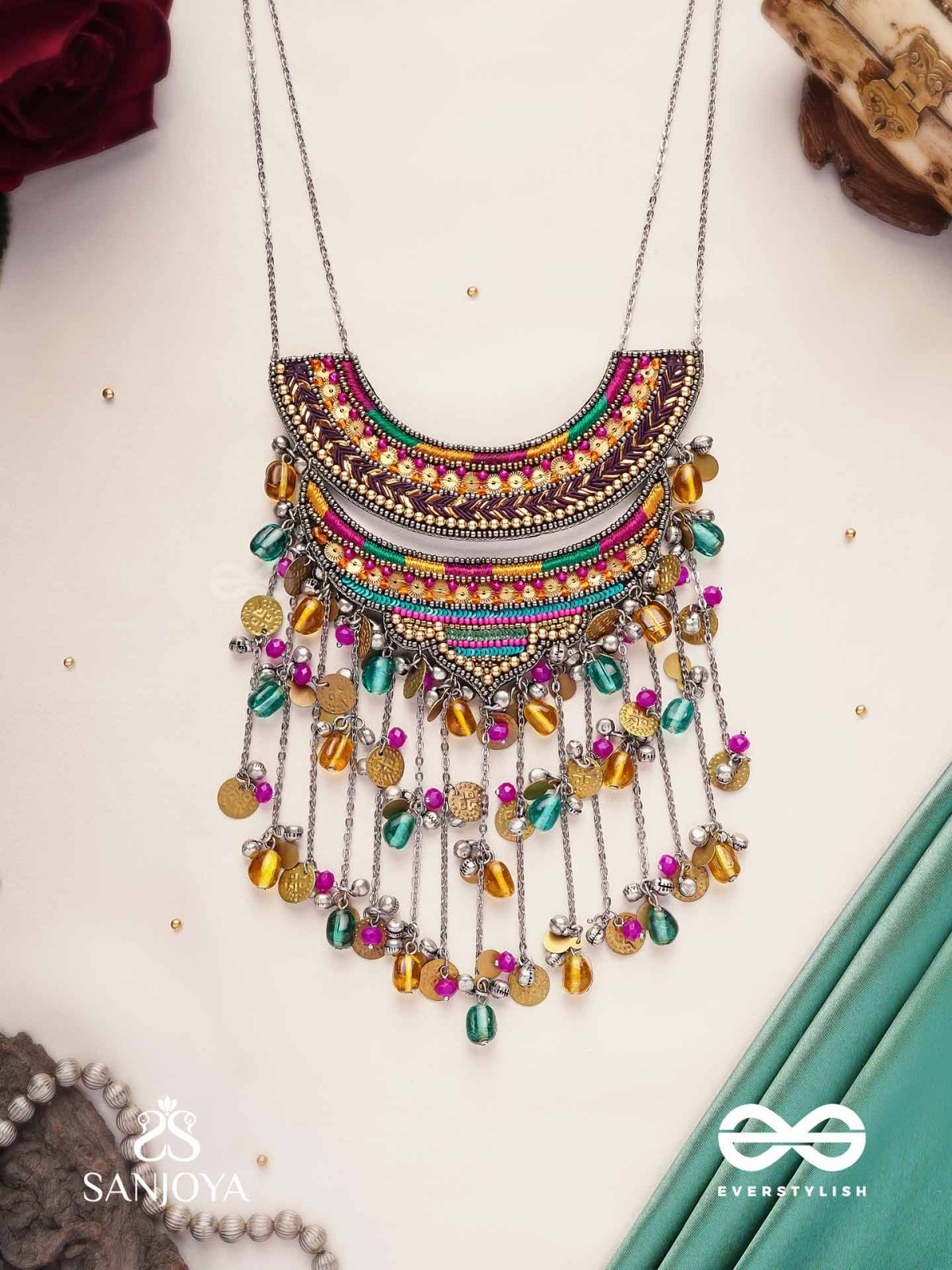 Kvan - The Layered Chimes - Resham, Beads, Coins And Glass Drops Hand Embroidered Oxidised Neckpiece