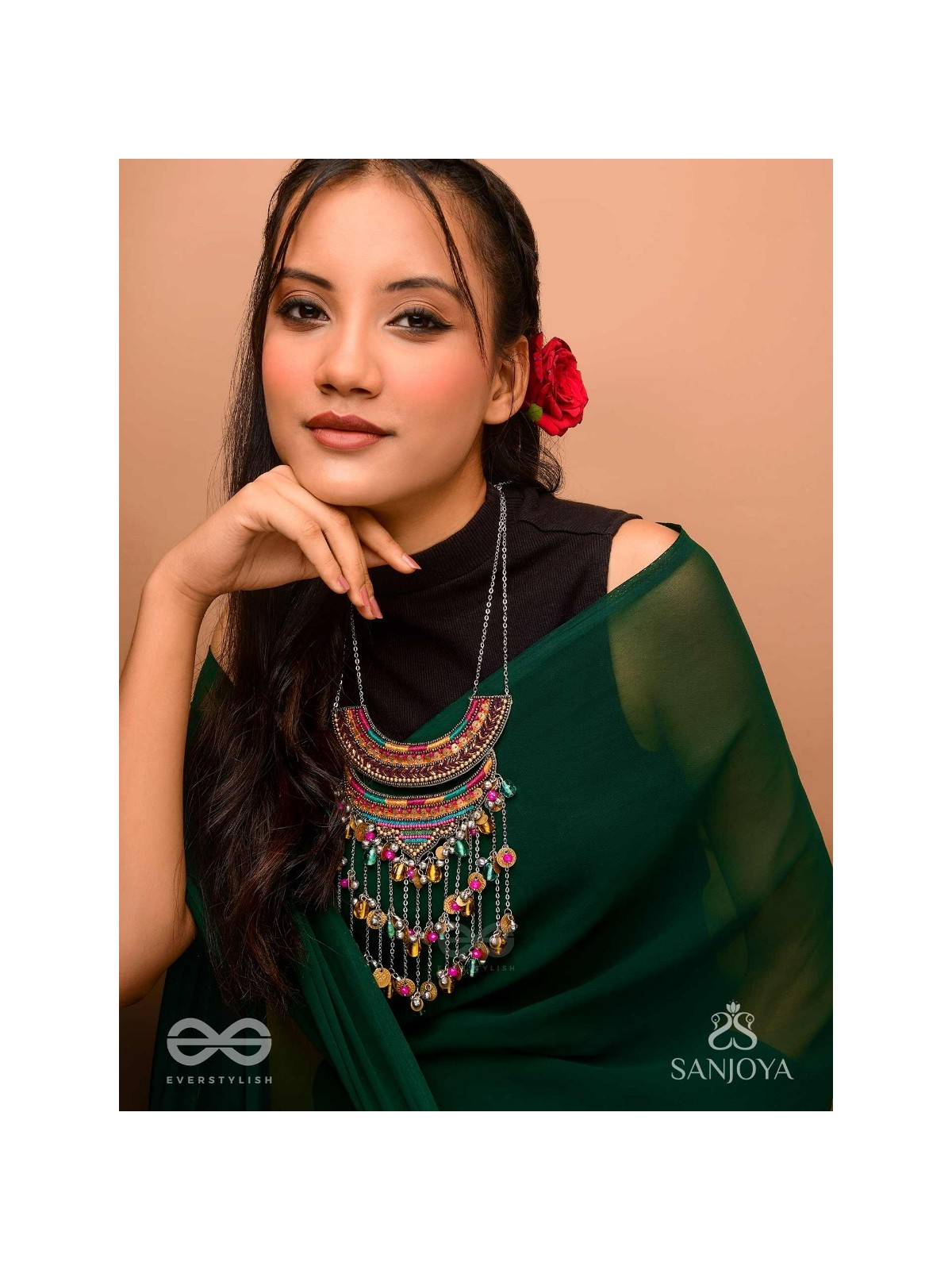 Kvan - The Layered Chimes - Resham, Beads, Coins And Glass Drops Hand Embroidered Oxidised Neckpiece