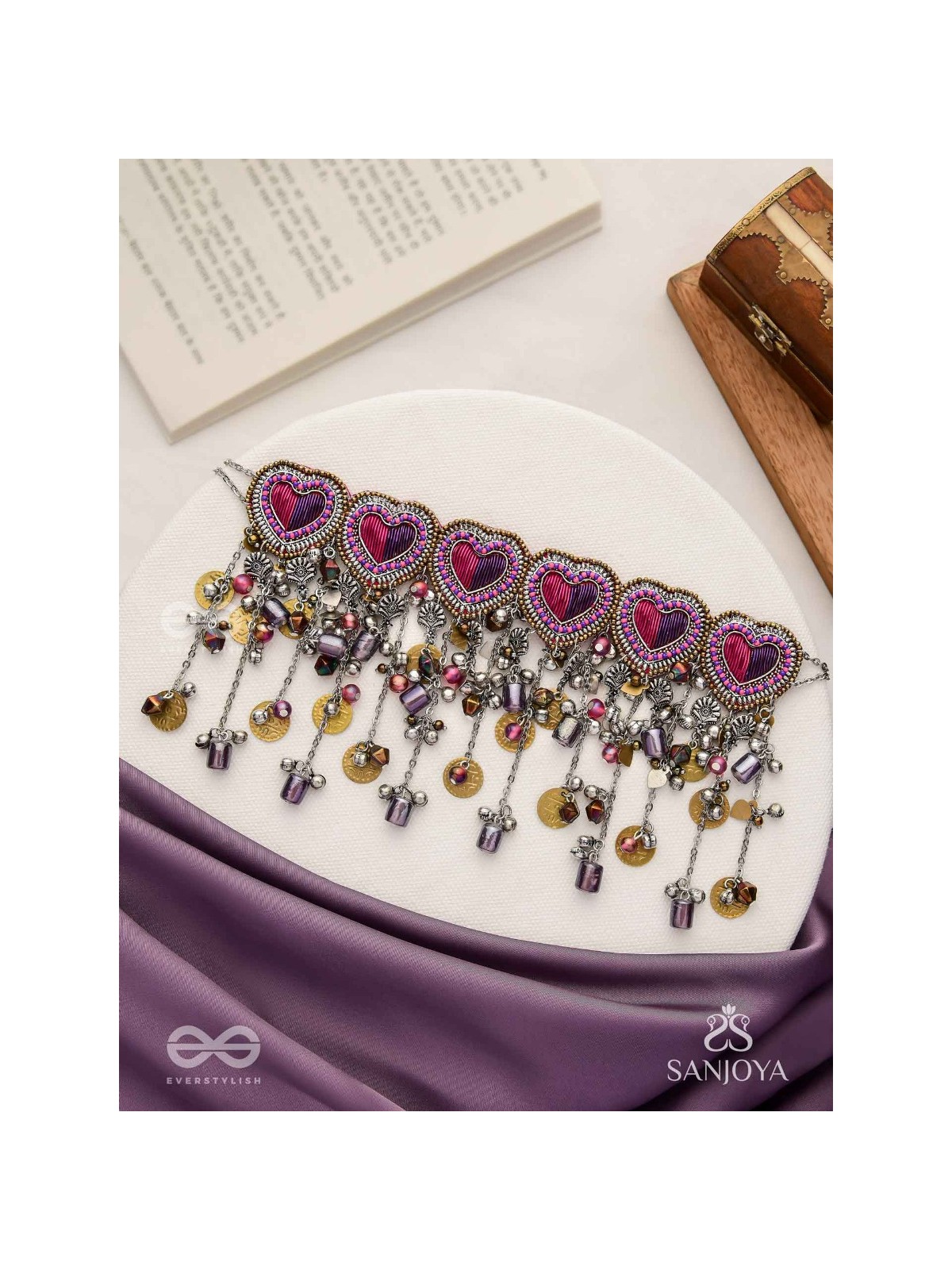 Prageet - Song Of The Hearts - Resham, Dabka, Beads And Coins Hand Embroidered Oxidised Choker Neckpiece