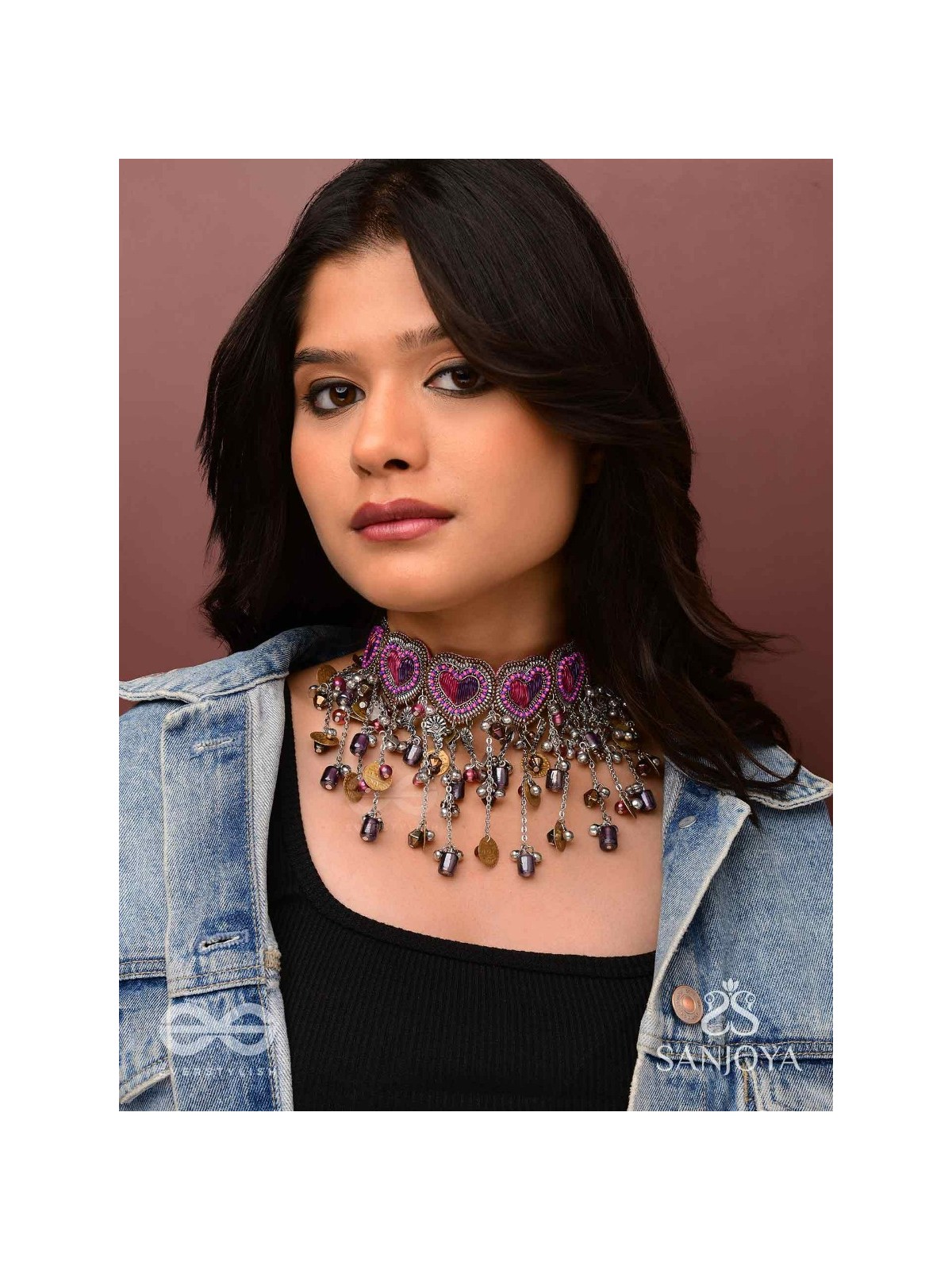 Prageet - Song Of The Hearts - Resham, Dabka, Beads And Coins Hand Embroidered Oxidised Choker Neckpiece
