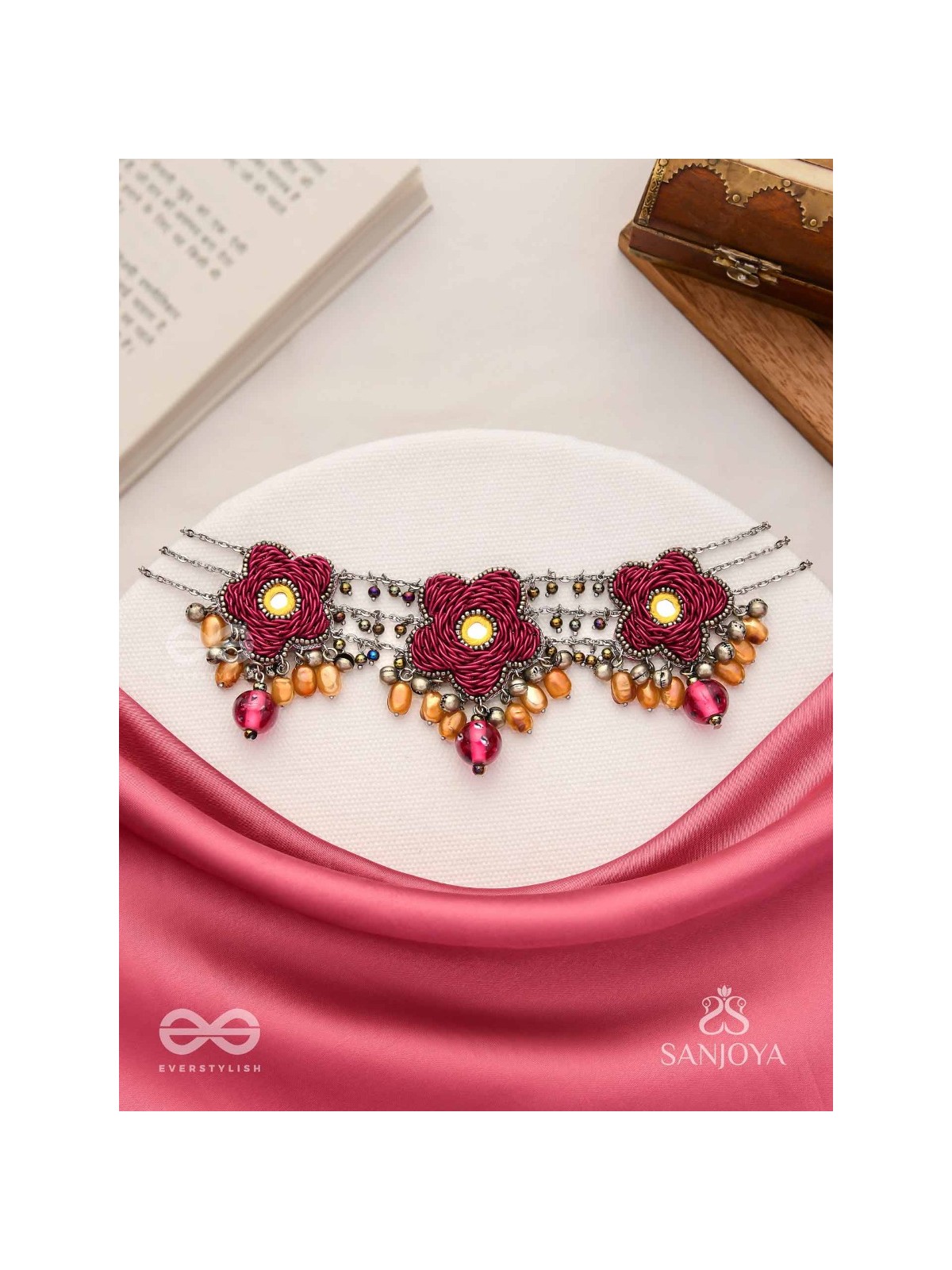 Sumanas - The Burgundy Flowers - Mirror, Resham, Dabka And Glass Drops Hand Embroidered Oxidised Choker Neckpiece