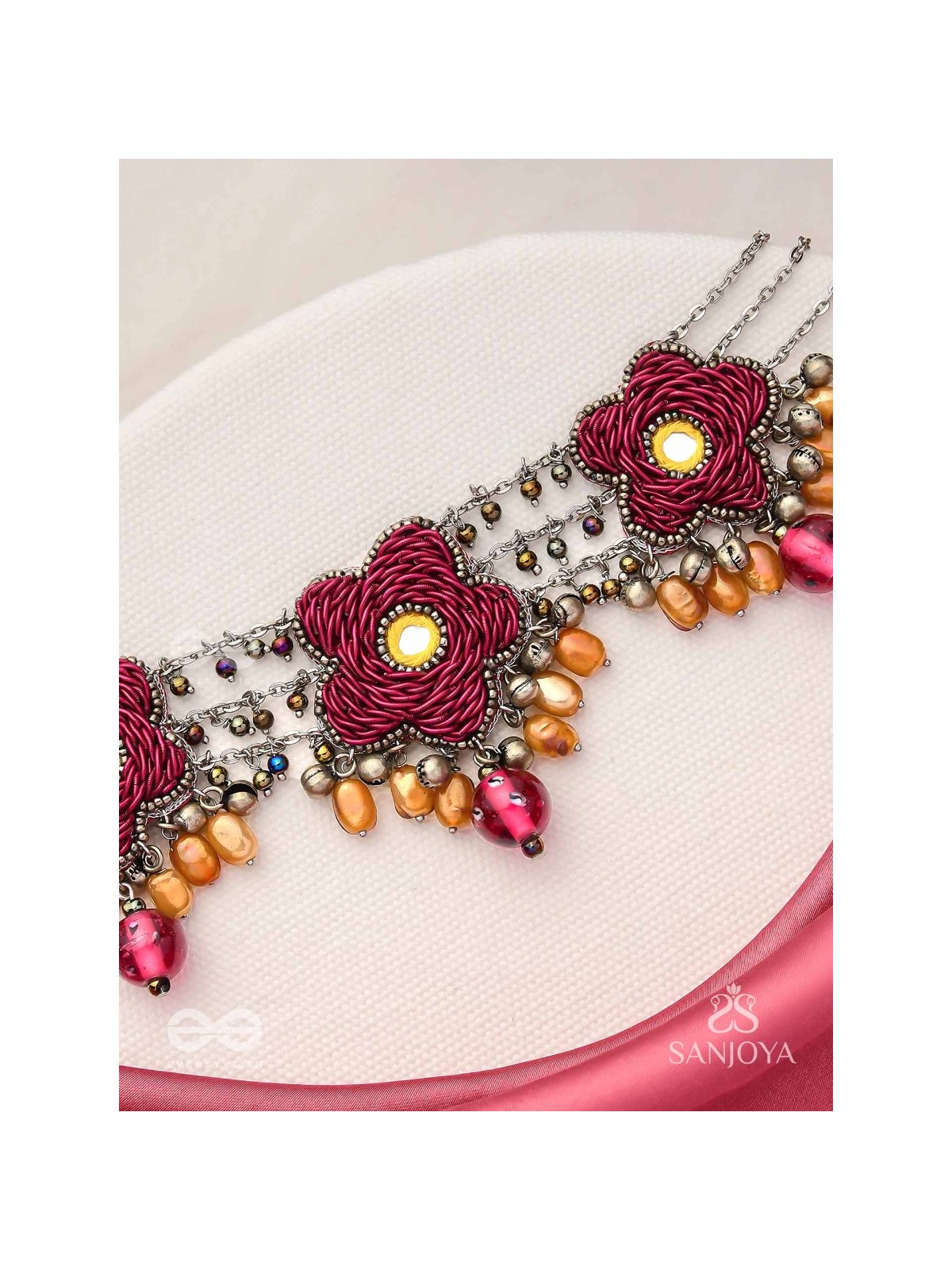 Sumanas - The Burgundy Flowers - Mirror, Resham, Dabka And Glass Drops Hand Embroidered Oxidised Choker Neckpiece