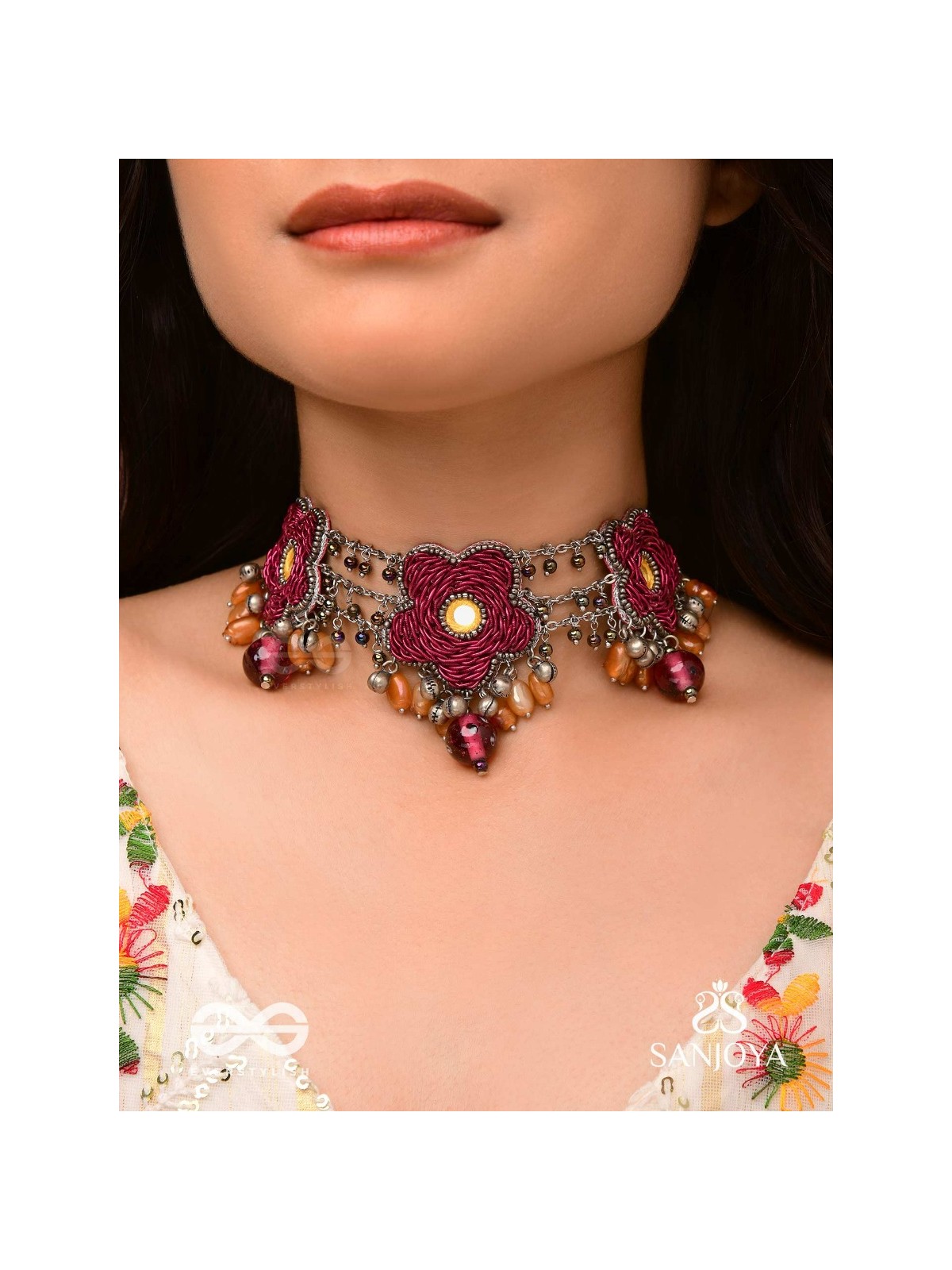Sumanas - The Burgundy Flowers - Mirror, Resham, Dabka And Glass Drops Hand Embroidered Oxidised Choker Neckpiece