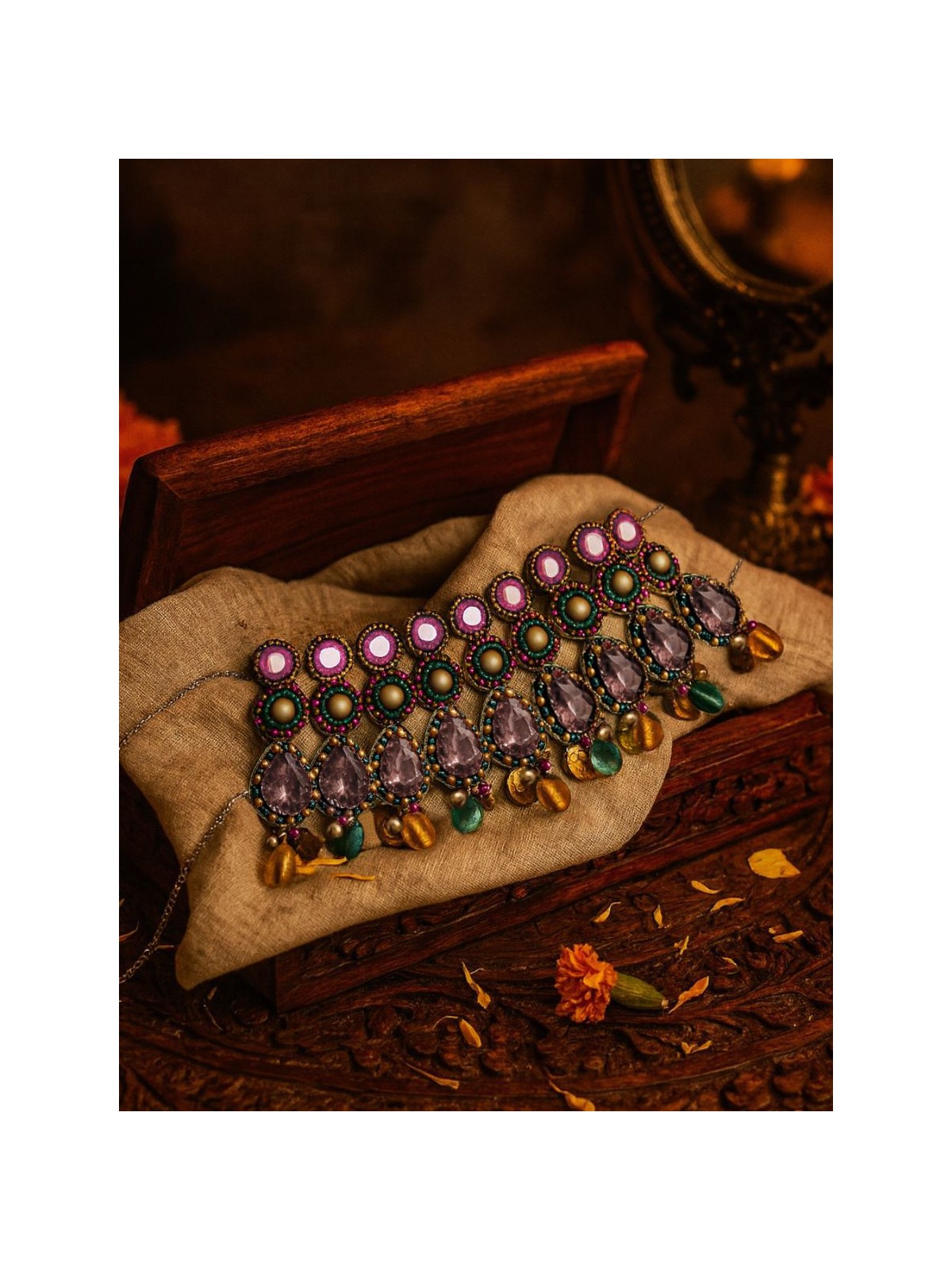 Vashikrit - The Hypnotic Tiers - Mirror, Stones, Coins And Glass Drops Hand Embroidered Oxidised Choker Neckpiece