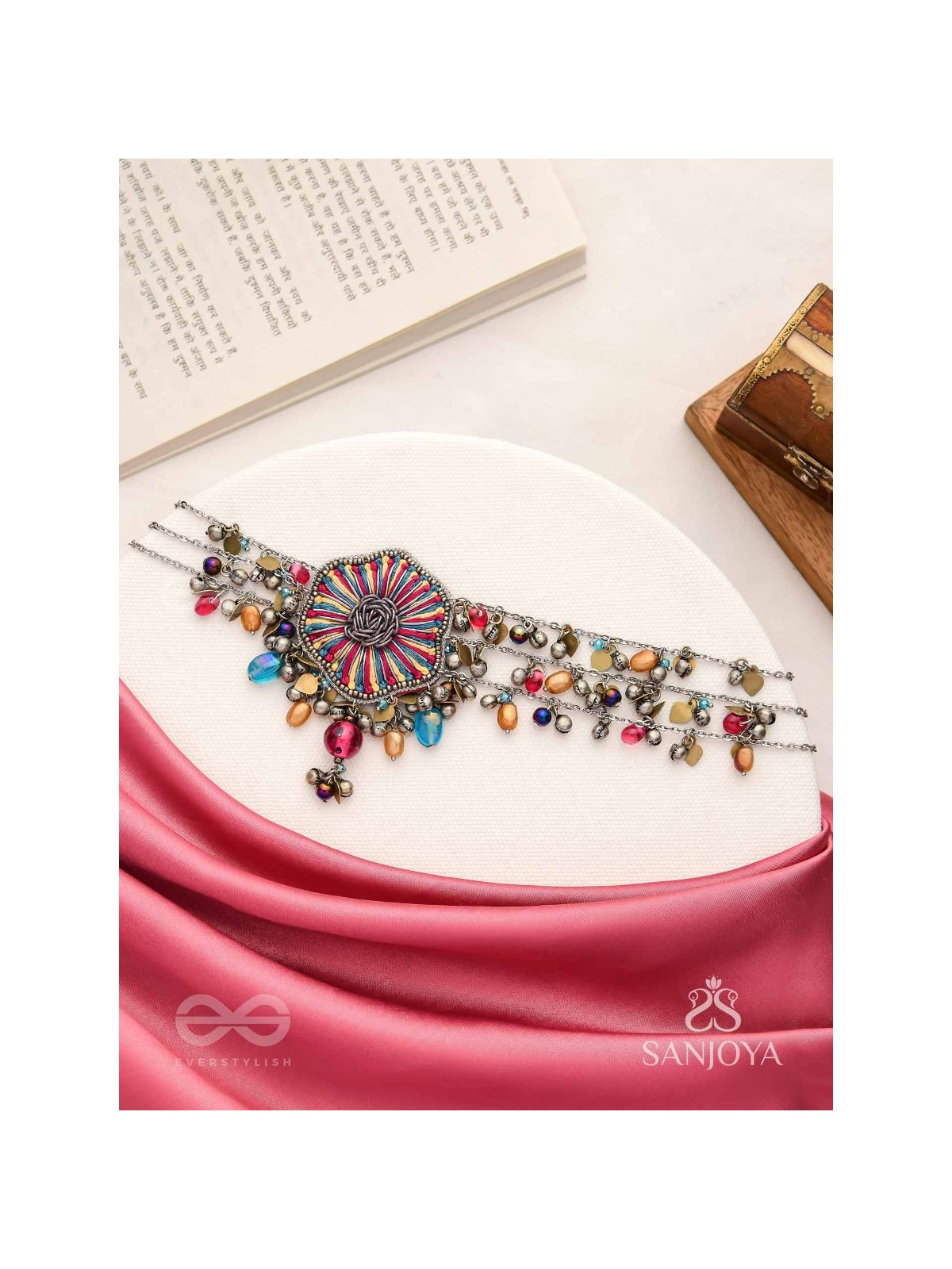 Shaleenta - The Shy Posy - Resham, Dabka And Glass Drops Hand Embroidered Oxidised Choker Neckpiece