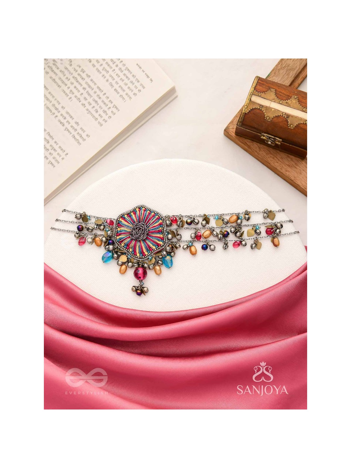 Shaleenta - The Shy Posy - Resham, Dabka And Glass Drops Hand Embroidered Oxidised Choker Neckpiece