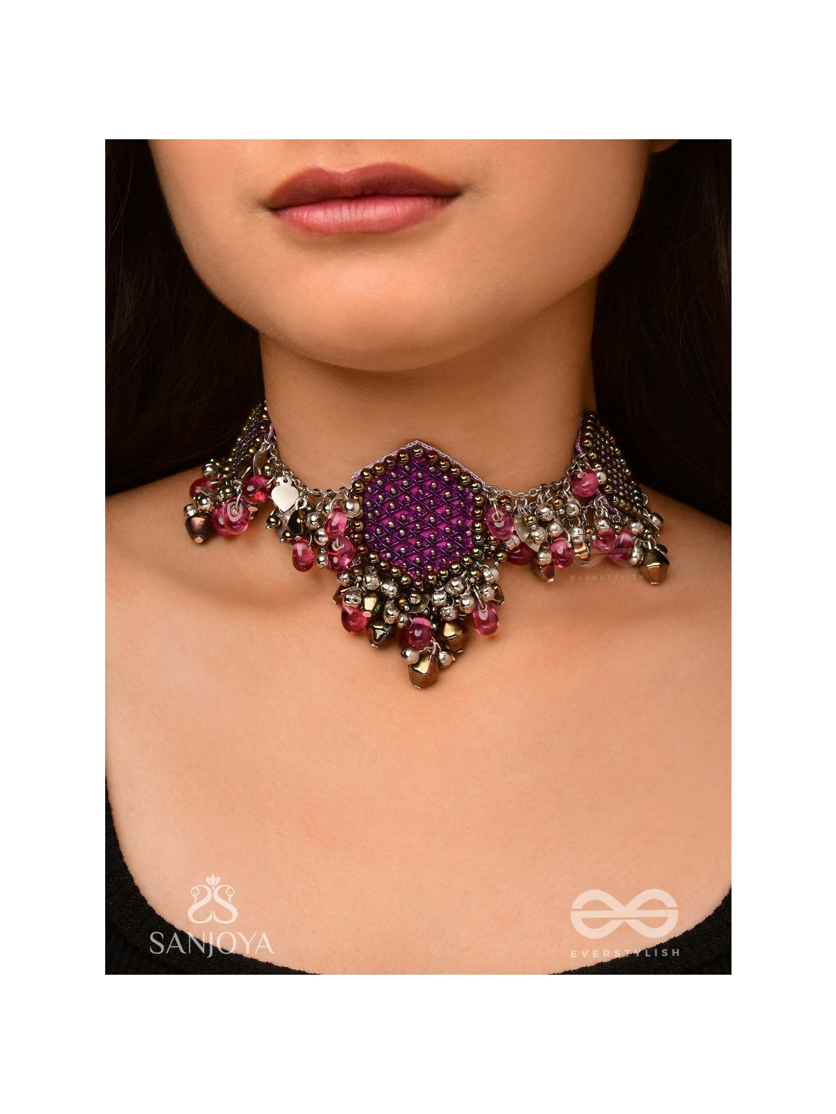 Sukhodaye - The Wine Honeycomb - Beads And Glass Drops Hand Embroidered Oxidised Choker Neckpiece