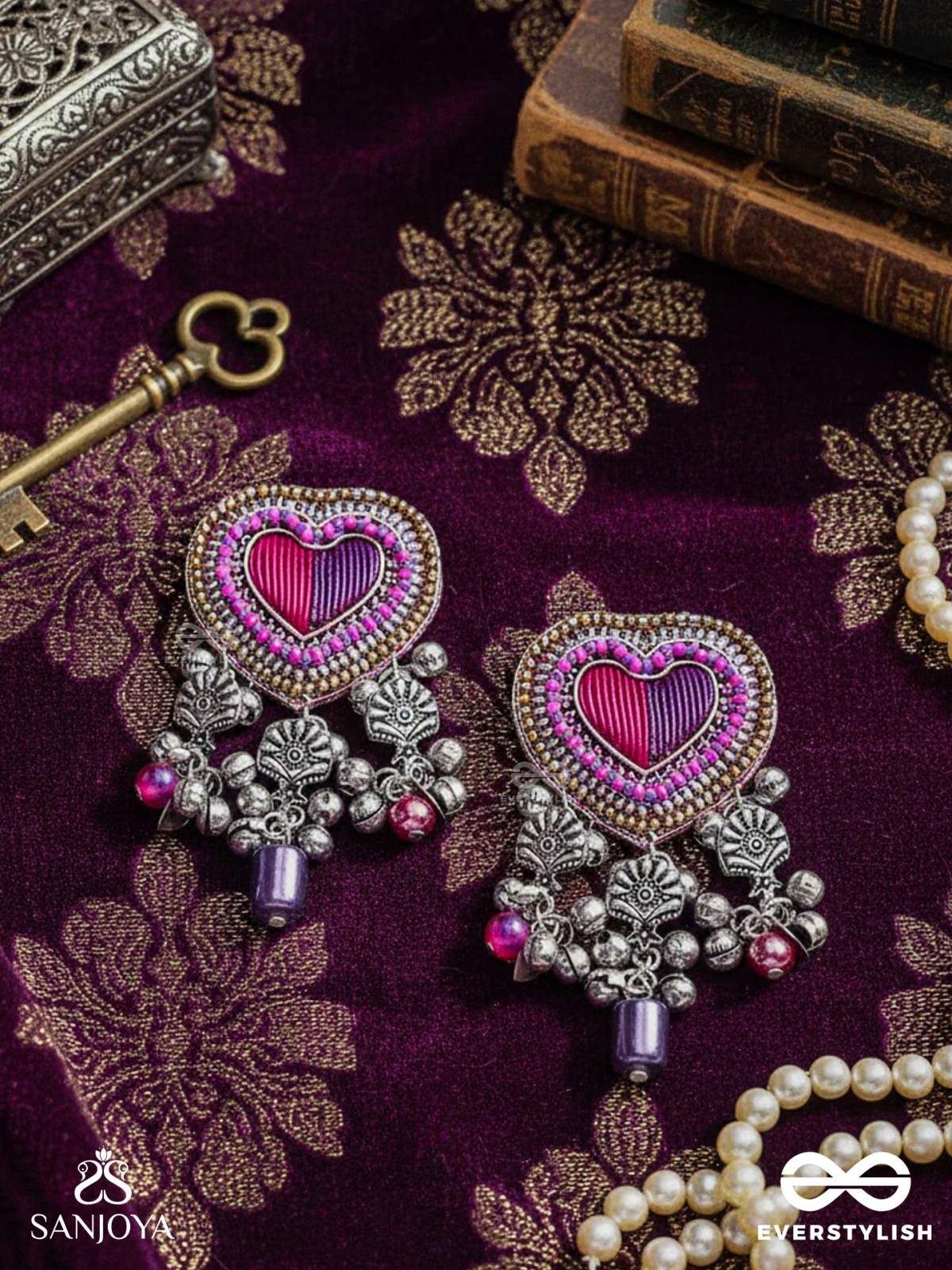 Unmadishnu - The Love Rush - Dabka, Beads And Glass Drops Hand Embroidered Oxidised Earrings