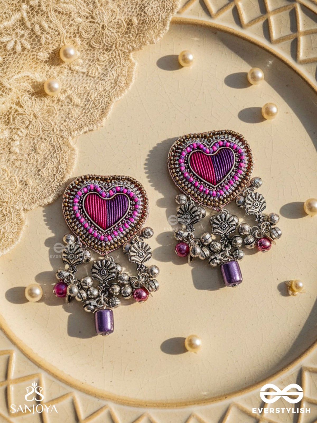 Unmadishnu - The Love Rush - Dabka, Beads And Glass Drops Hand Embroidered Oxidised Earrings