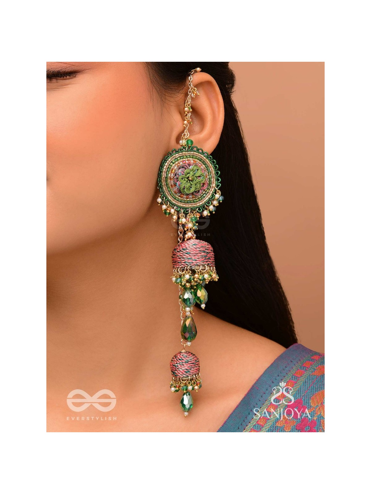 Puravati - The Vineyard Castles - Resham, Beads And Glass Drops Hand Embroidered Jhumka Chain Earrings
