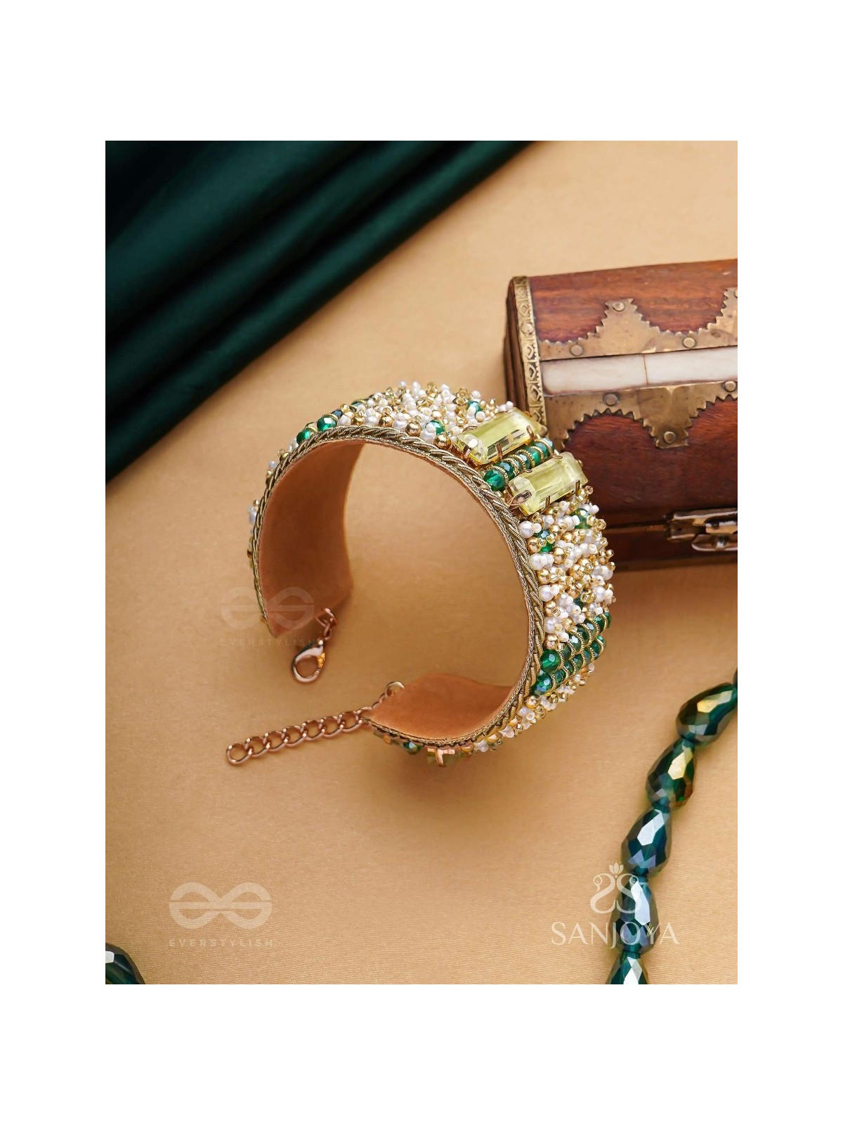 Manmaye - The Lush Luxury - Stones, Beads And Dabka Hand Embroidered Cuff Bracelet 