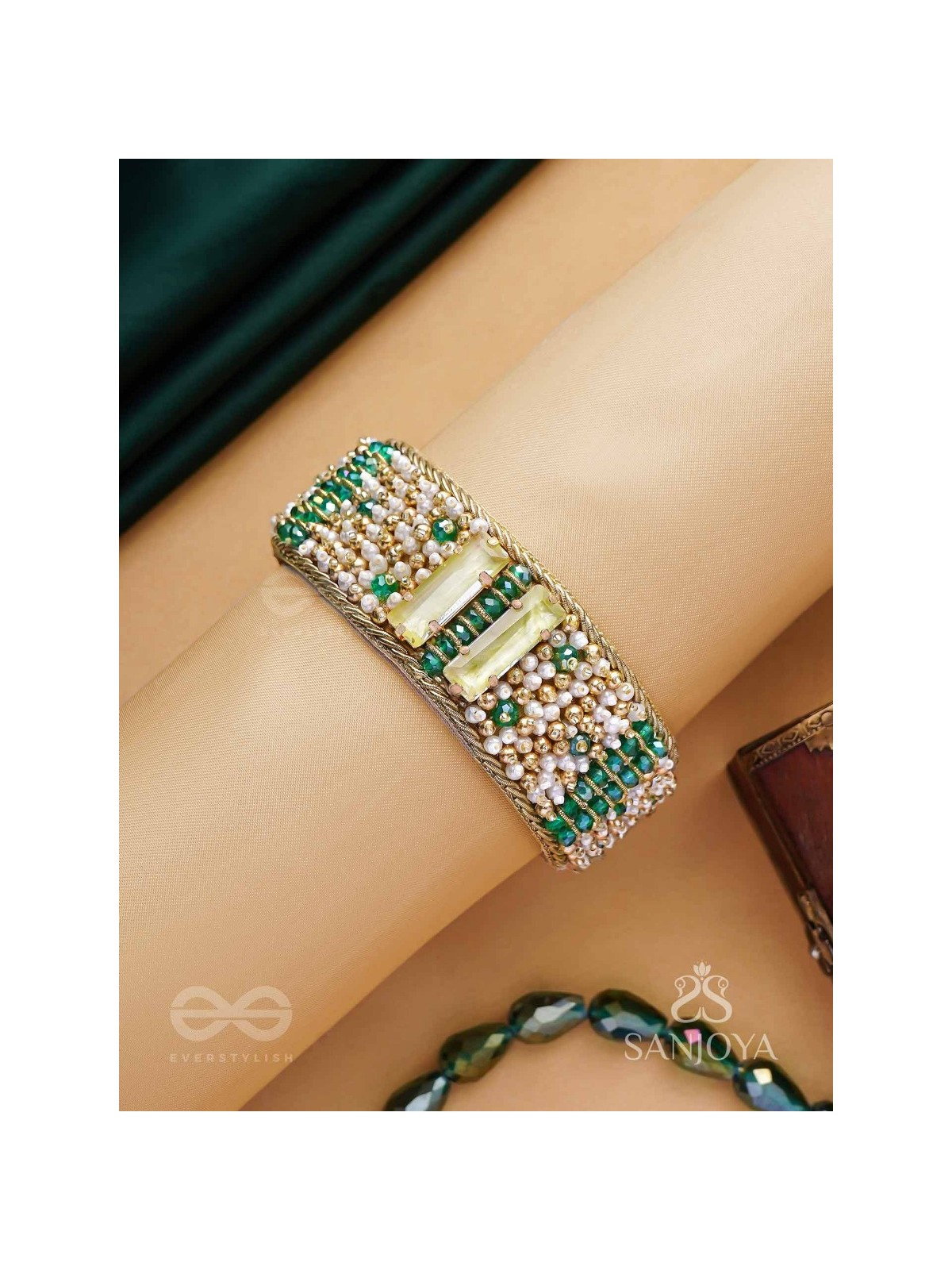 Manmaye - The Lush Luxury - Stones, Beads And Dabka Hand Embroidered Cuff Bracelet 
