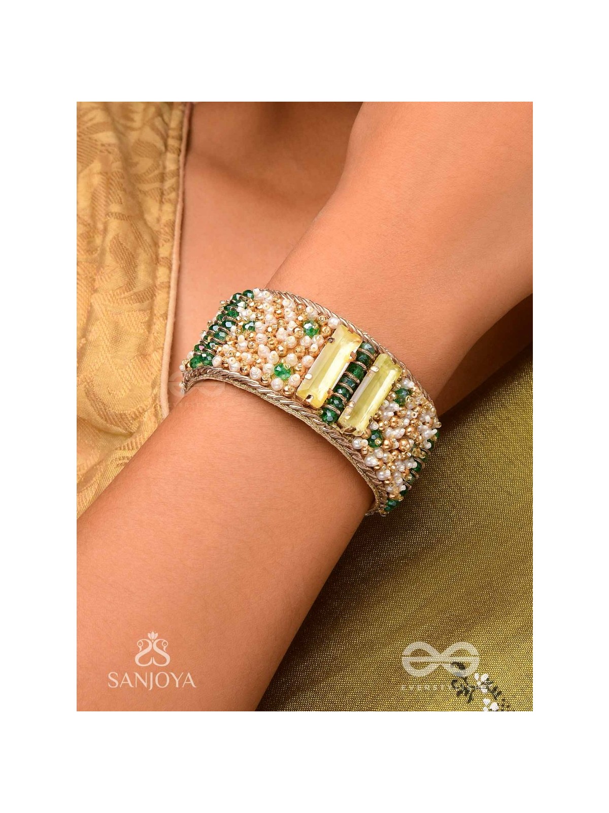 Manmaye - The Lush Luxury - Stones, Beads And Dabka Hand Embroidered Cuff Bracelet 