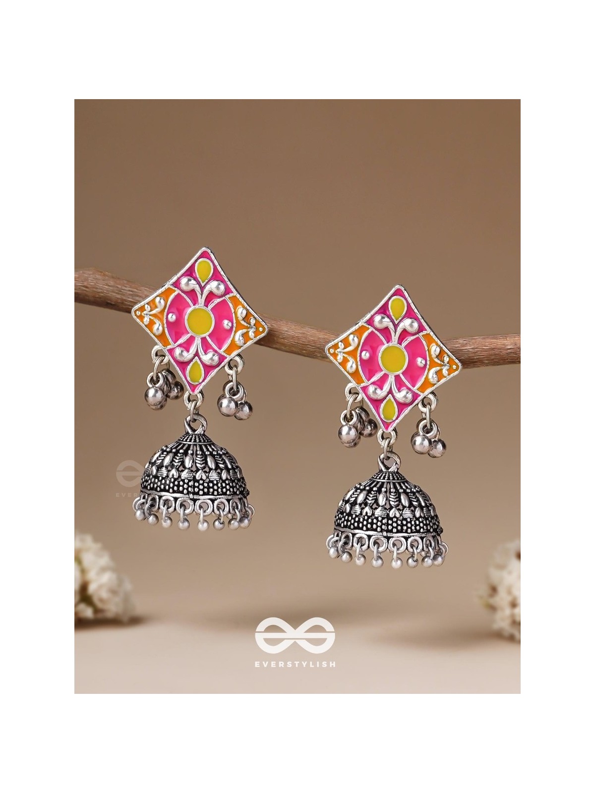 Melodies Of Twilight - Enamelled Oxidised Jhumka Earrings
