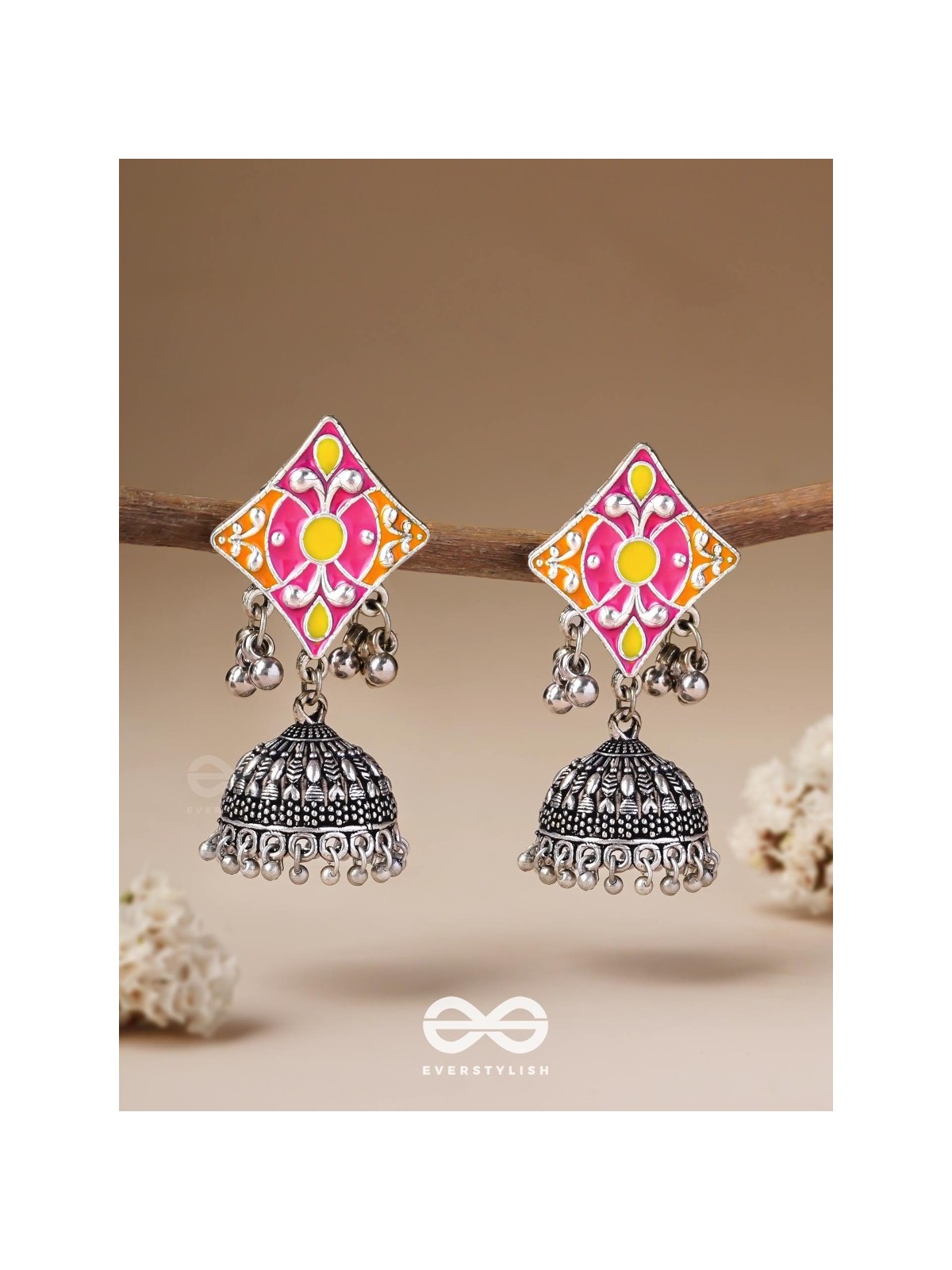 Melodies Of Twilight - Enamelled Oxidised Jhumka Earrings