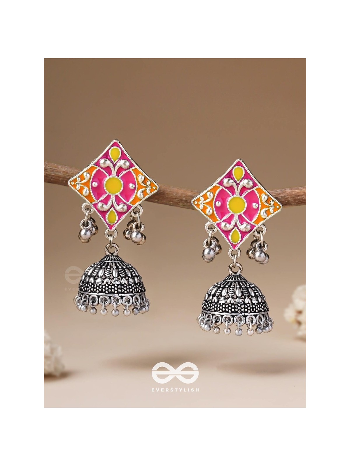 Melodies Of Twilight - Enamelled Oxidised Jhumka Earrings