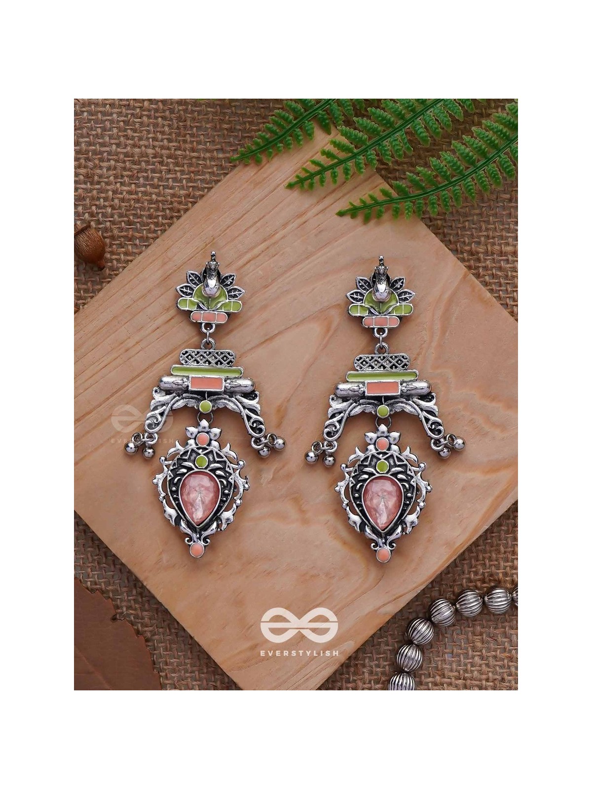 The Birds' Haven - Stone Enamelled Oxidised Earrings