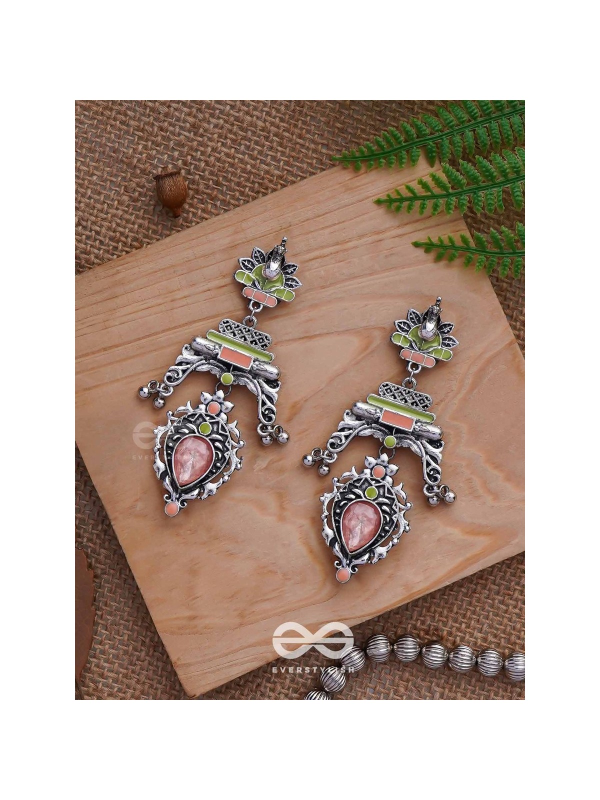 The Birds' Haven - Stone Enamelled Oxidised Earrings