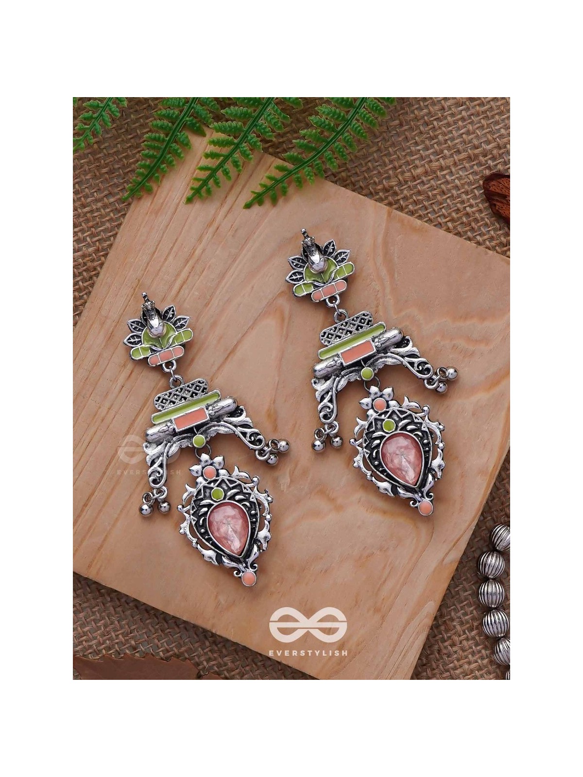 The Birds' Haven - Stone Enamelled Oxidised Earrings