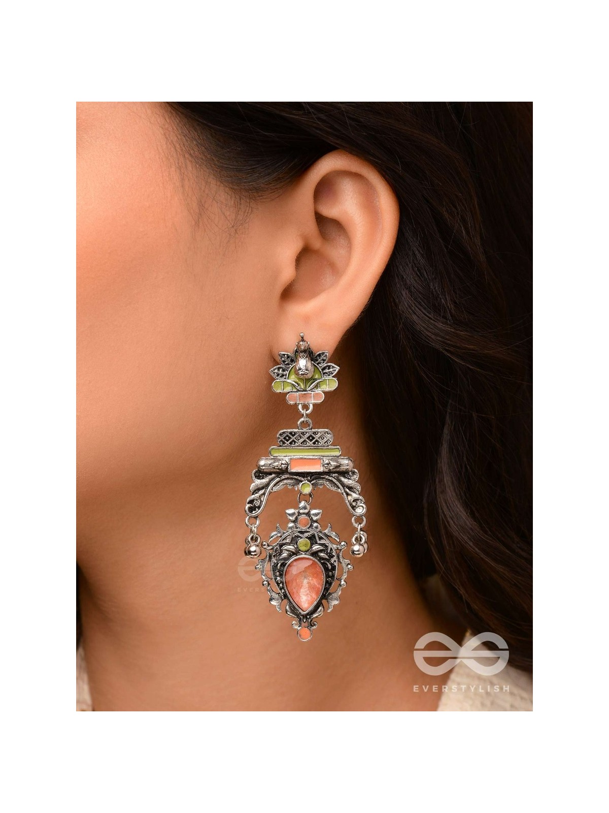 The Birds' Haven - Stone Enamelled Oxidised Earrings