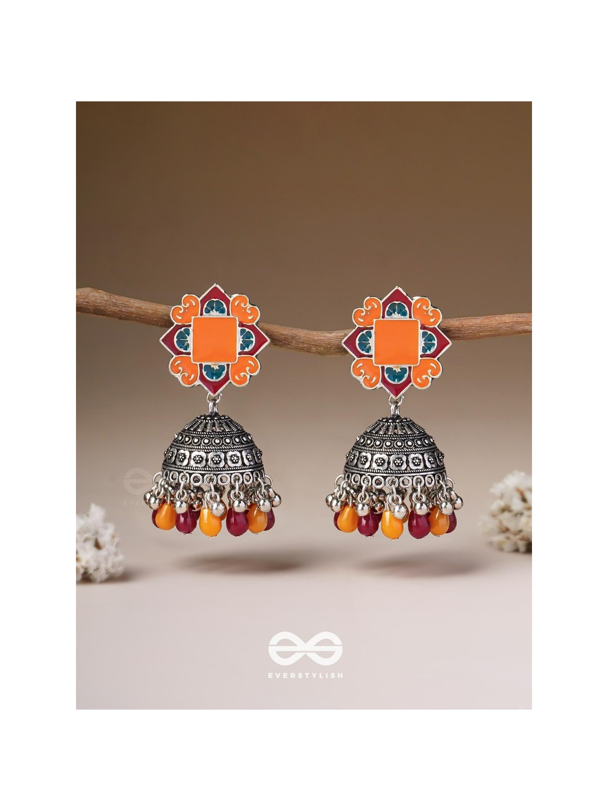 The Warm Hues - Enamelled Oxidised Jhumka Earrings