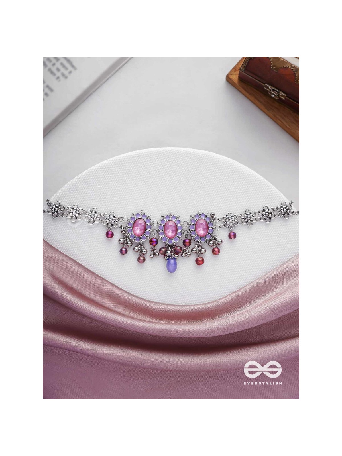 The Flowery Essence - Stone And Glass Drops Enamelled Oxidised Neckpiece