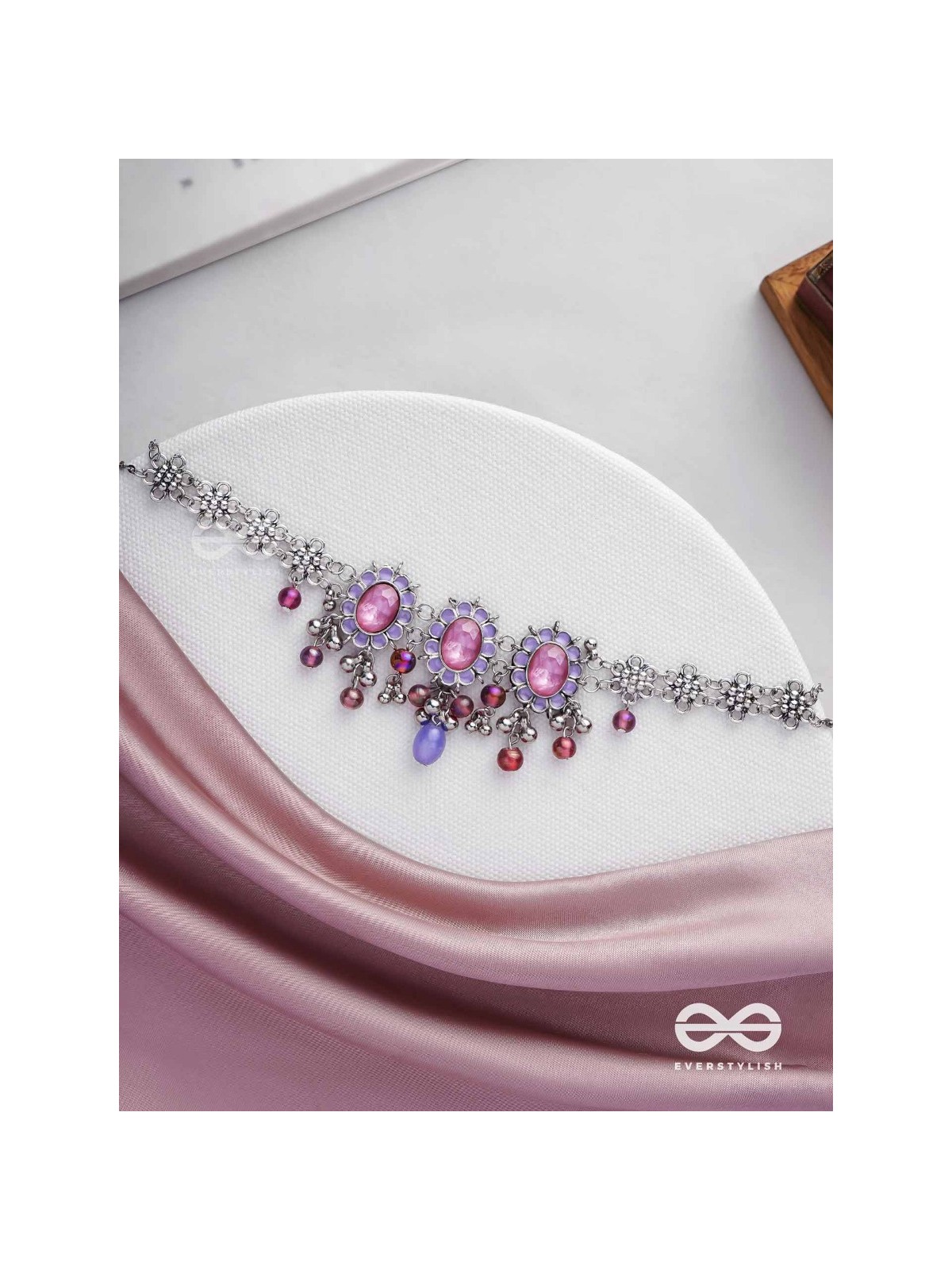 The Flowery Essence - Stone And Glass Drops Enamelled Oxidised Neckpiece