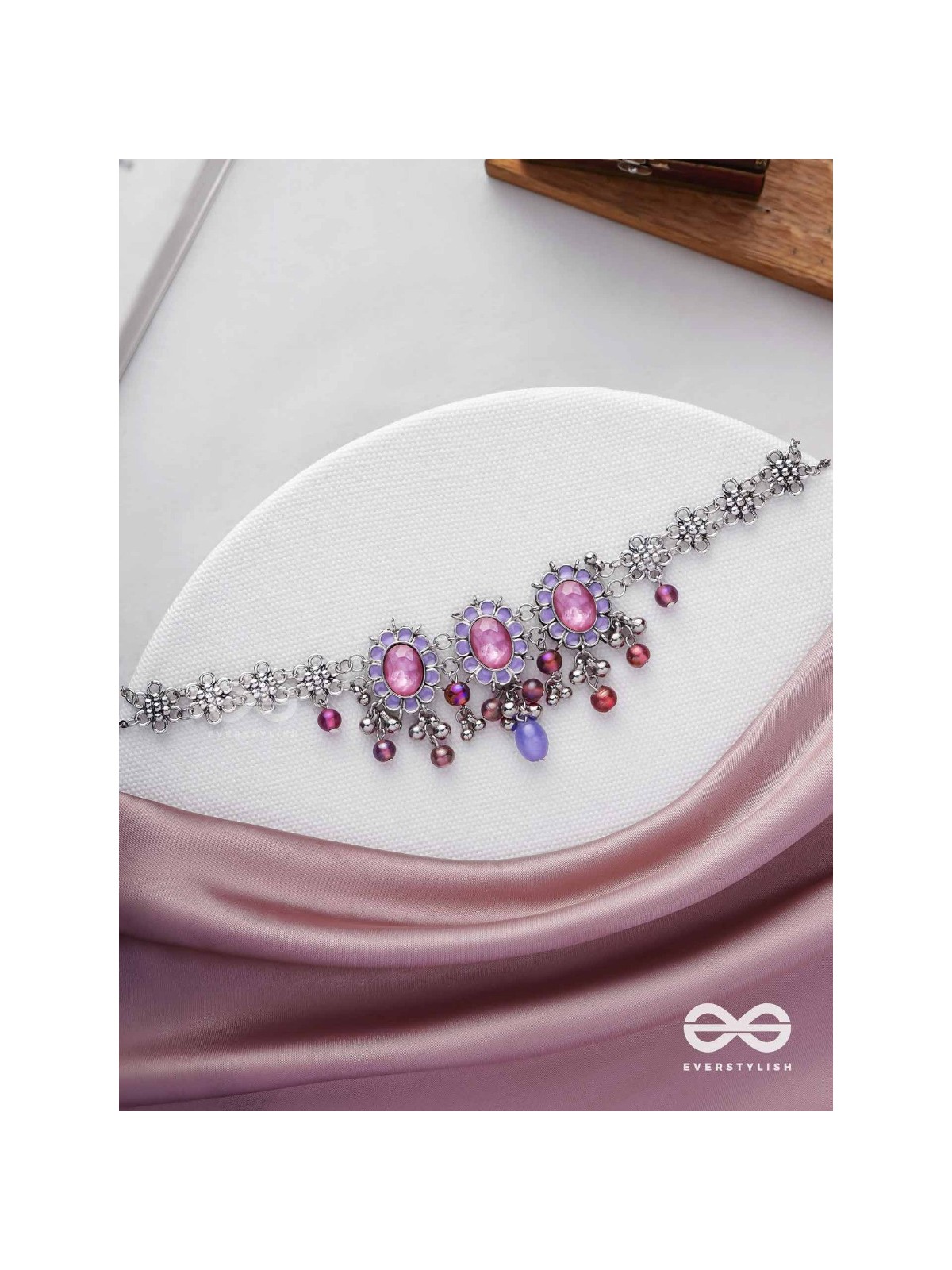 The Flowery Essence - Stone And Glass Drops Enamelled Oxidised Neckpiece