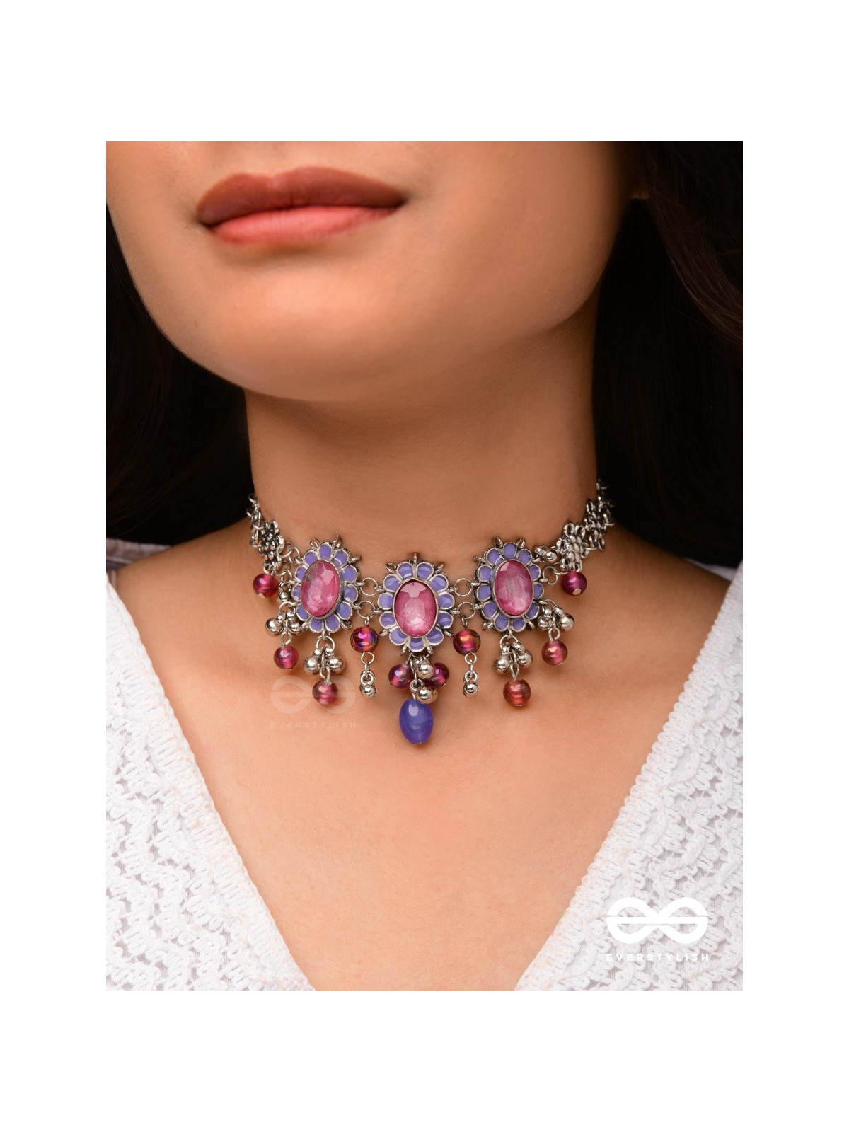 The Flowery Essence - Stone And Glass Drops Enamelled Oxidised Neckpiece