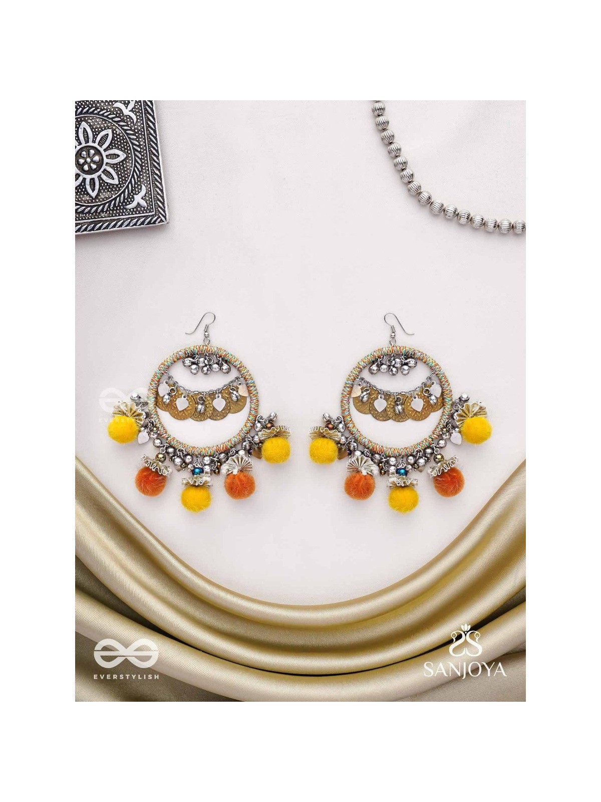 Svarvat - The Melodic Joy - Resham And Coins Hand Embroidered Oxidised Earrings 