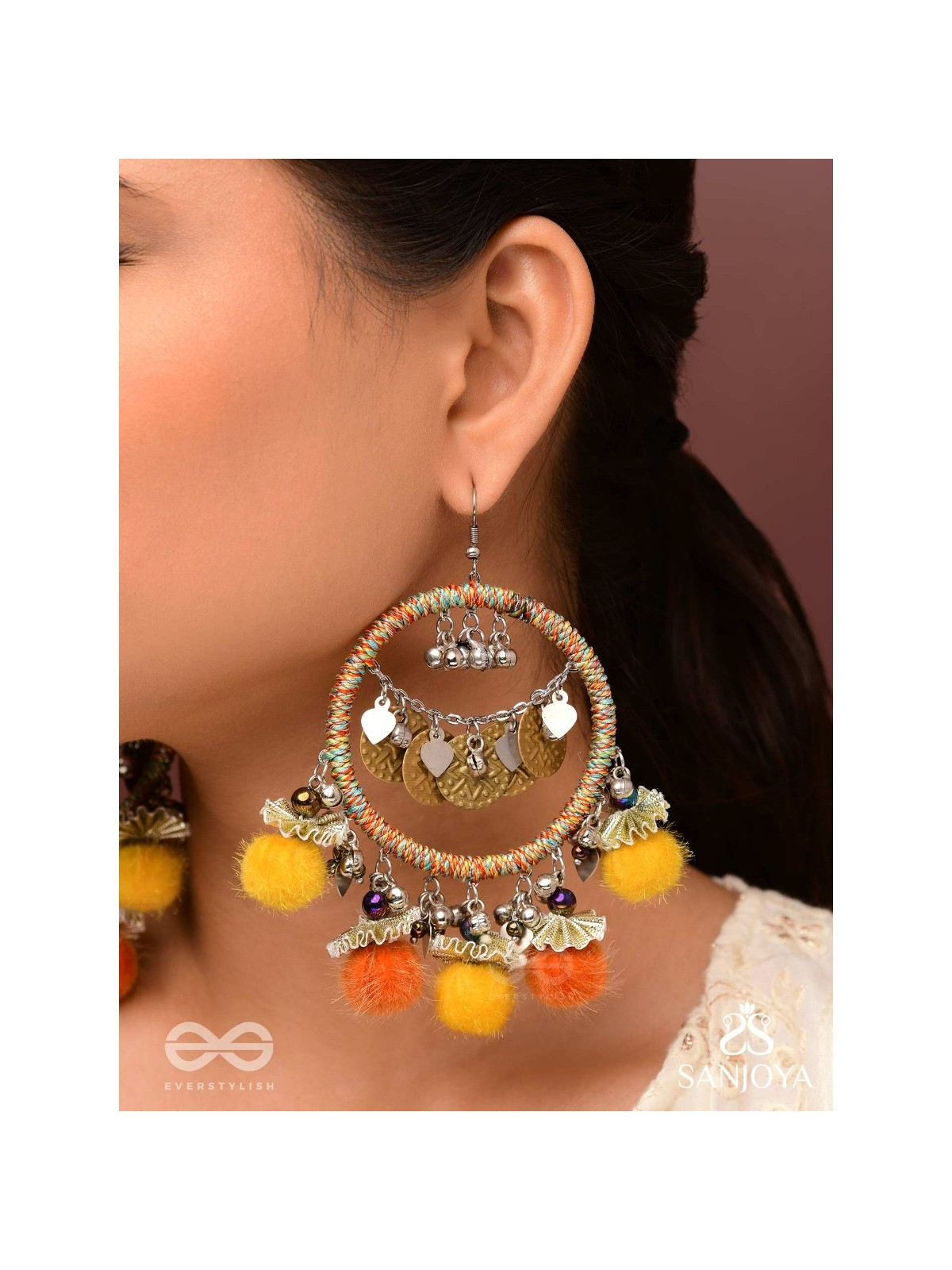 Svarvat - The Melodic Joy - Resham And Coins Hand Embroidered Oxidised Earrings 