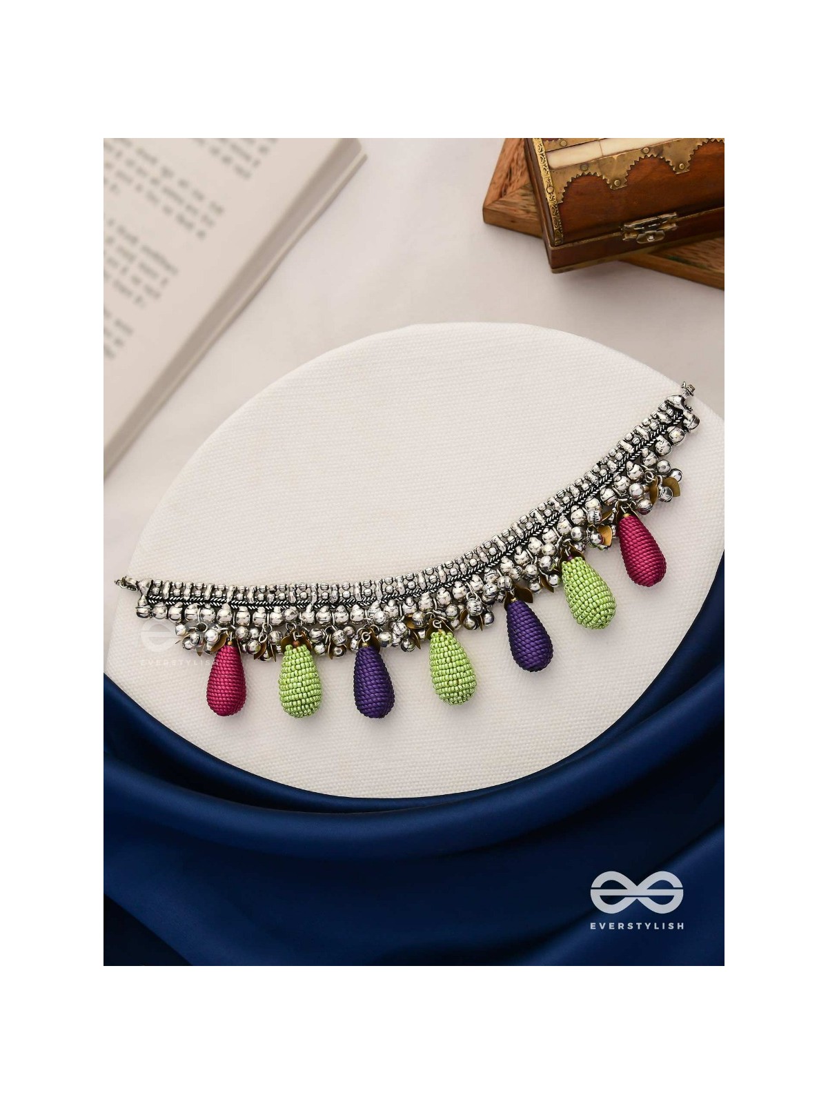 Drops Of Intricacy - Beads And Coins Oxidised Hand Embroidered Choker Neckpiece