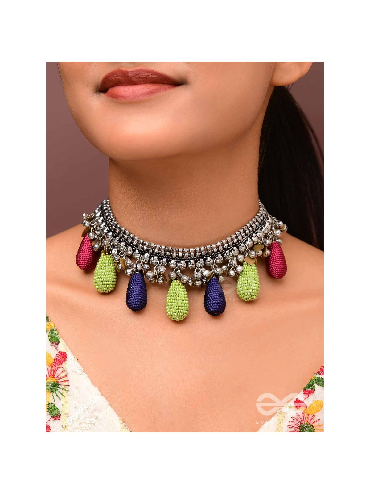 Drops Of Intricacy - Beads And Coins Oxidised Hand Embroidered Choker Neckpiece