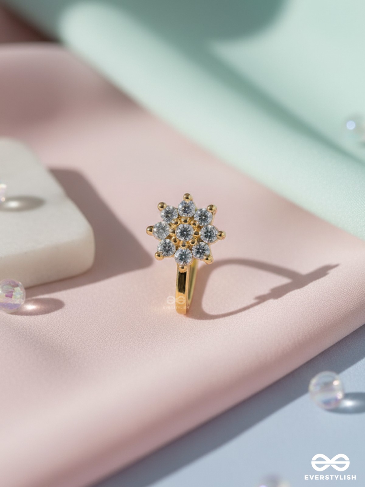 The Embedded Flower - Golden Cubic Zirconia NoseRing (NON-PIERCING)