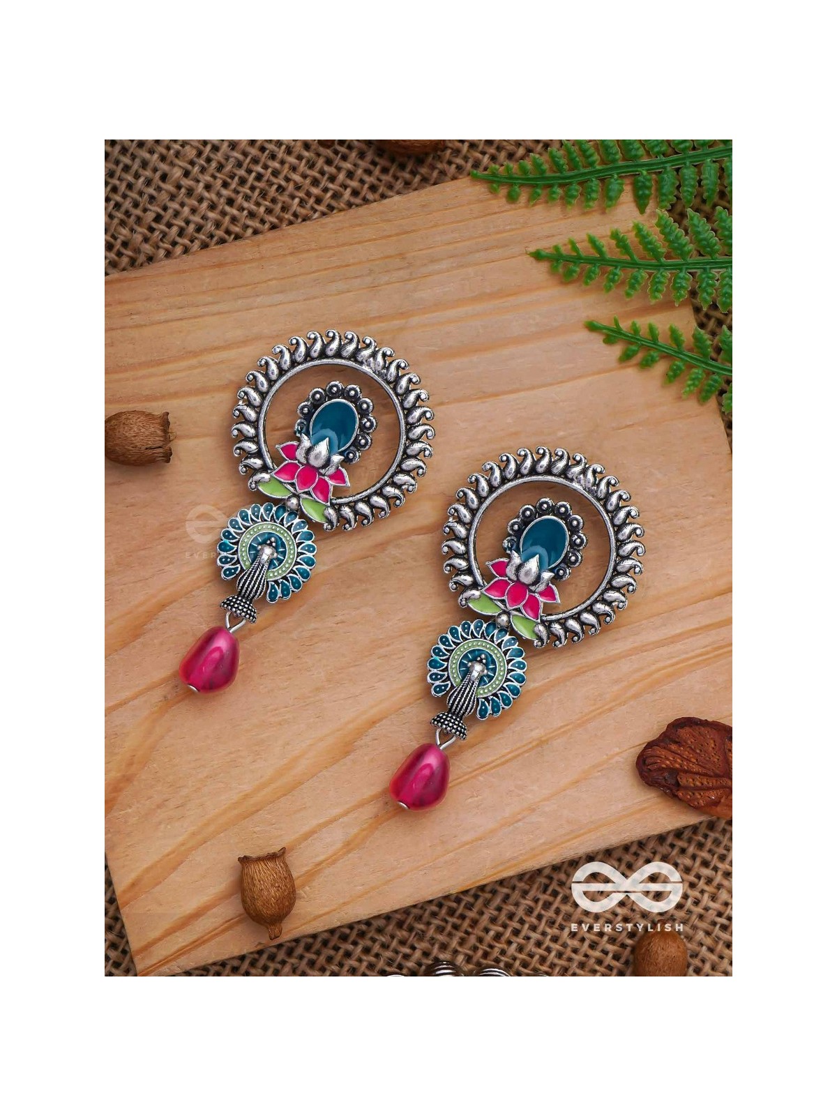 The Peacock Nelumbos - Enamelled Oxidised Earrings