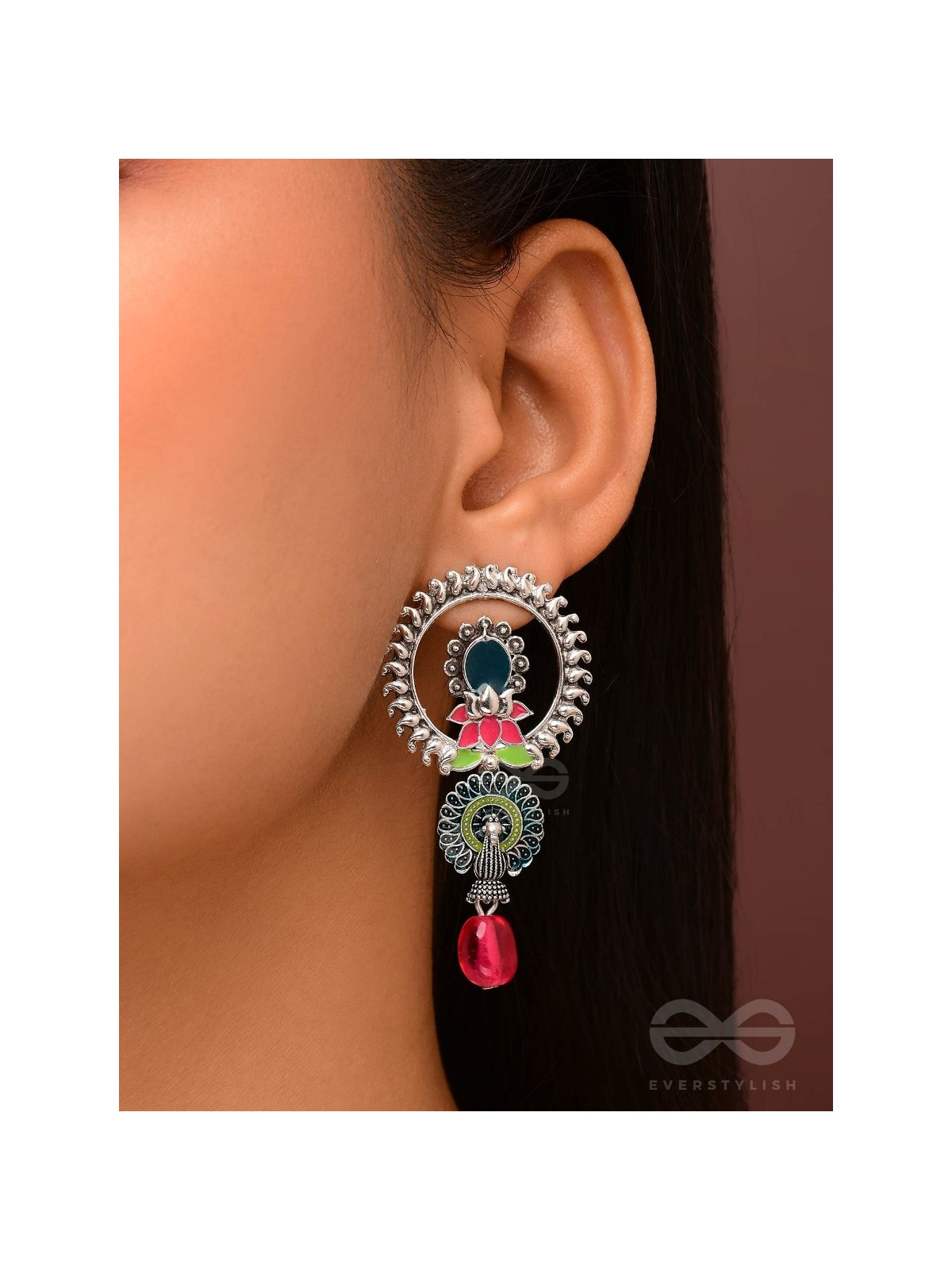 The Peacock Nelumbos - Enamelled Oxidised Earrings