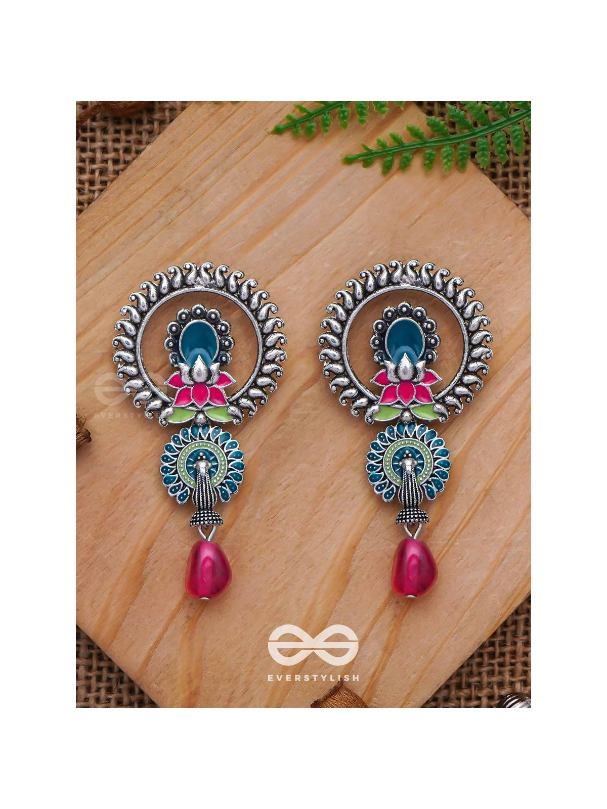 The Peacock Nelumbos - Enamelled Oxidised Earrings