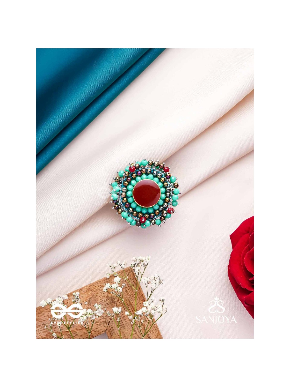 Sthavi - The Plum Vine - Stone And Beads Hand Embroidered Ring