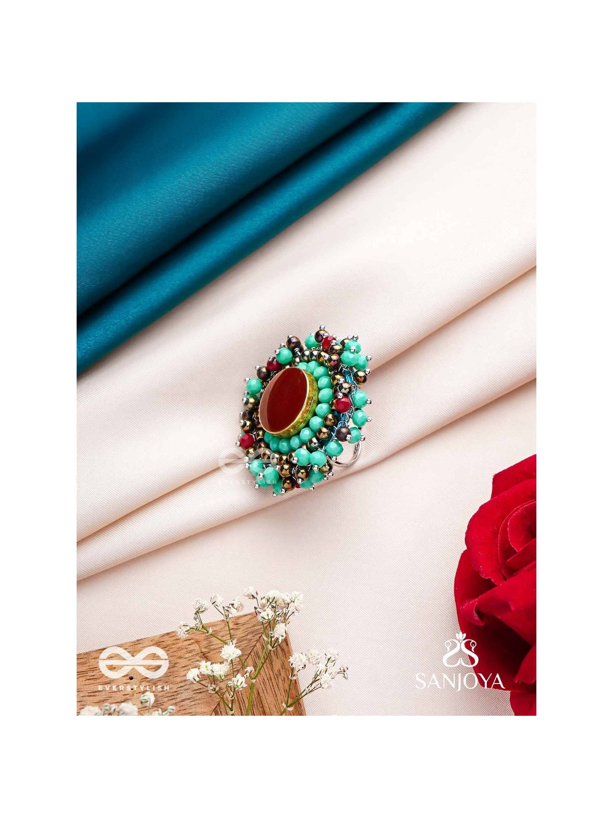 Sthavi - The Plum Vine - Stone And Beads Hand Embroidered Ring