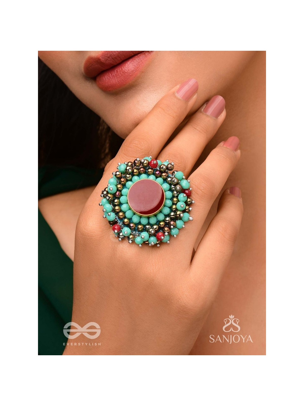 Sthavi - The Plum Vine - Stone And Beads Hand Embroidered Ring