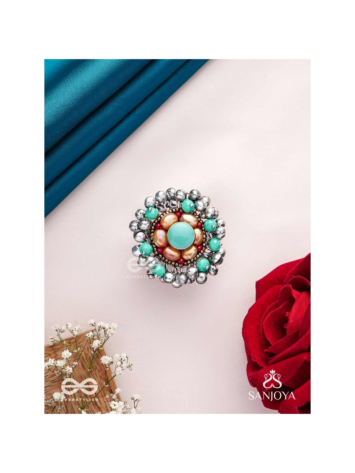 Virutya - The Humming Colours - Stone And Beads Hand Embroidered Ring