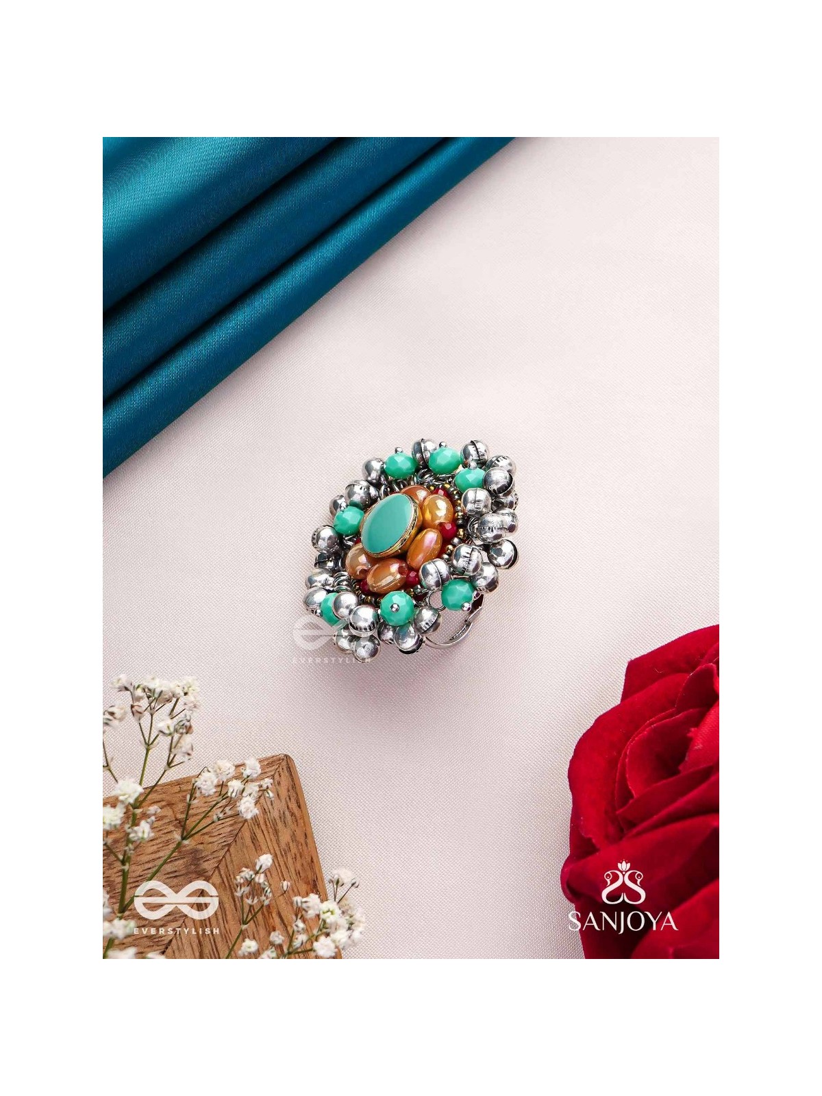 Virutya - The Humming Colours - Stone And Beads Hand Embroidered Ring