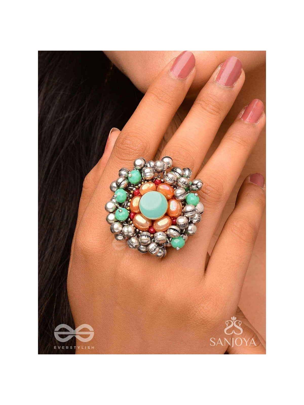 Virutya - The Humming Colours - Stone And Beads Hand Embroidered Ring