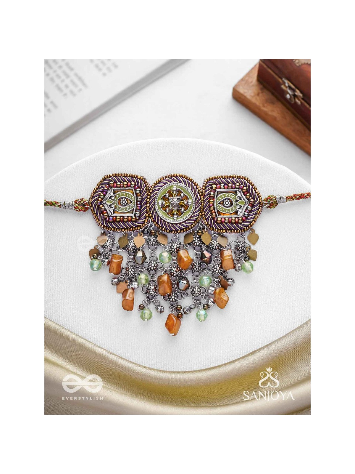 Adrikila - The Earth-Bound - Resham, Dabka And Glass Drops Hand Embroidered Oxidised Choker Neckpiece