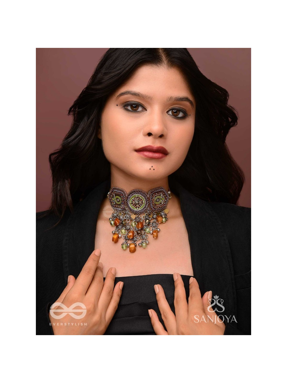 Adrikila - The Earth-Bound - Resham, Dabka And Glass Drops Hand Embroidered Oxidised Choker Neckpiece