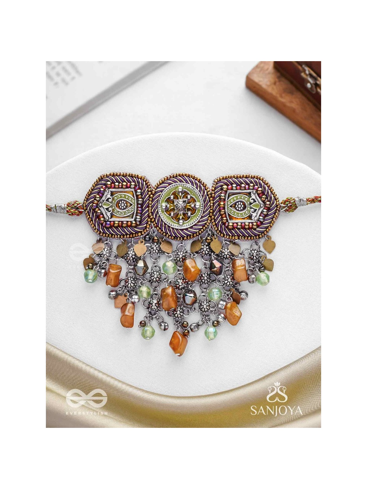 Adrikila - The Earth-Bound - Resham, Dabka And Glass Drops Hand Embroidered Oxidised Choker Neckpiece