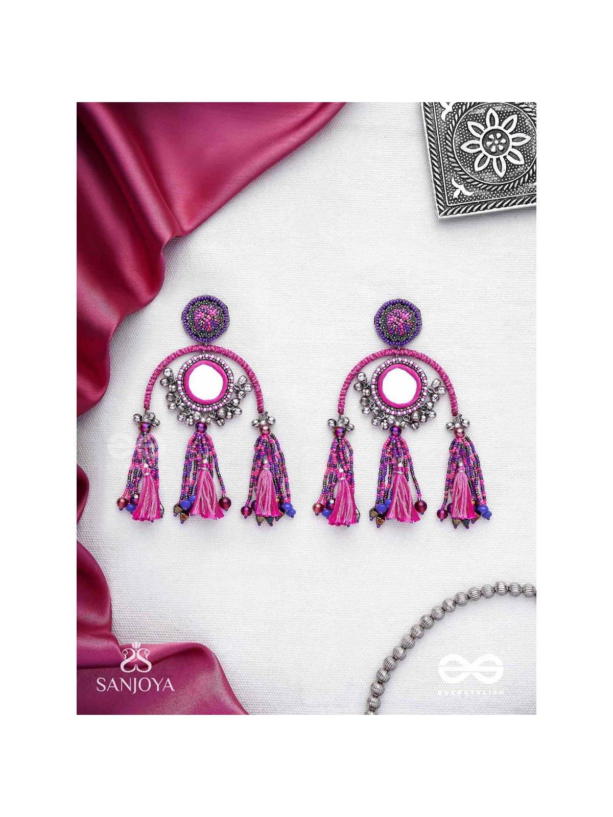 Madhurya - The Charismatic Mirrors - Mirrors, Beads And Resham Hand Embroidered Oxidised Earrings