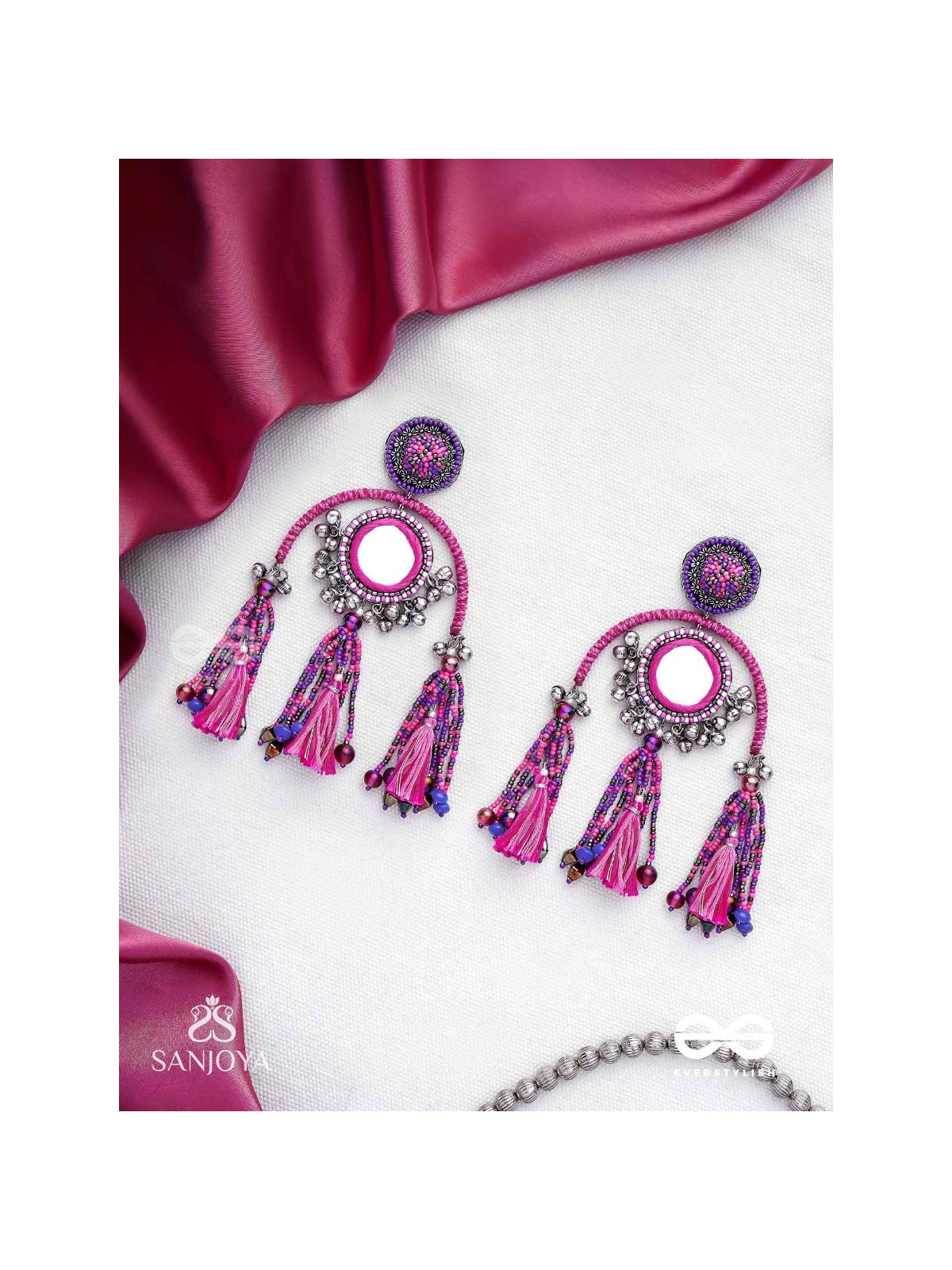 Madhurya - The Charismatic Mirrors - Mirrors, Beads And Resham Hand Embroidered Oxidised Earrings