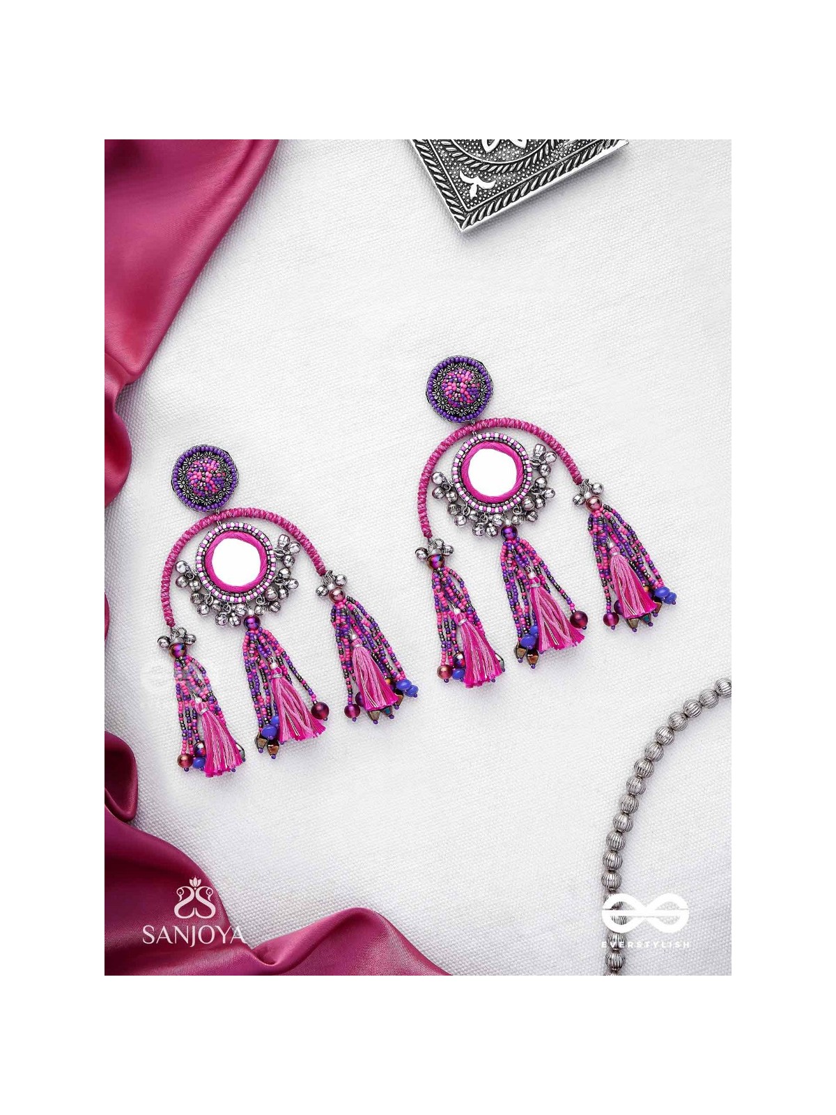 Madhurya - The Charismatic Mirrors - Mirrors, Beads And Resham Hand Embroidered Oxidised Earrings